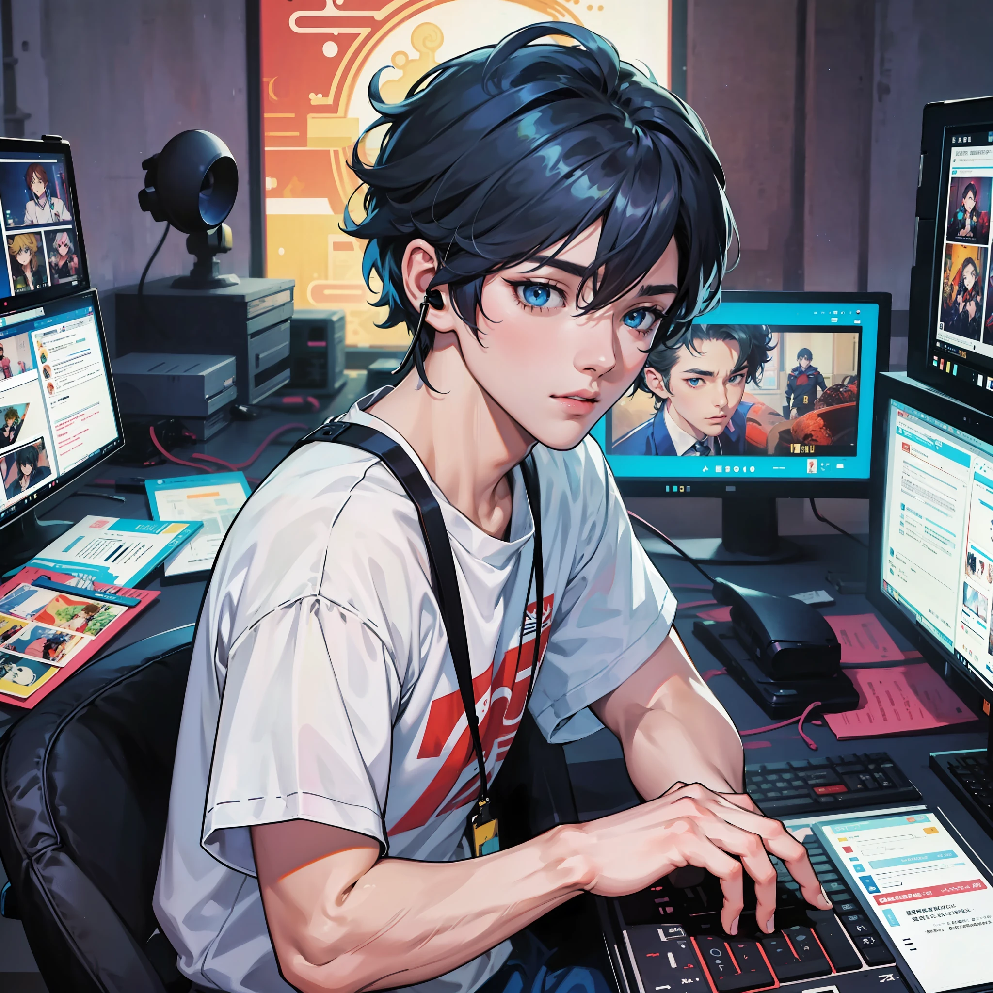 Anime boy calls to talk, ig studios anime style, nightcore, style of anime4 K, High quality anime art style, Anime boy, young anime man, Anime art style, Digital anime illustration, Anime style. 8K, in an anime style, male anime character, Kawasi,best qualtiy:1.0),(超高分辨率:1.0),Anime boys,with short black hair,blue color eyes,sitting in front of the computer,Speak into the microphone,The background is in the esports room,Earphone,The head is close to the microphone,8K,Faraway view