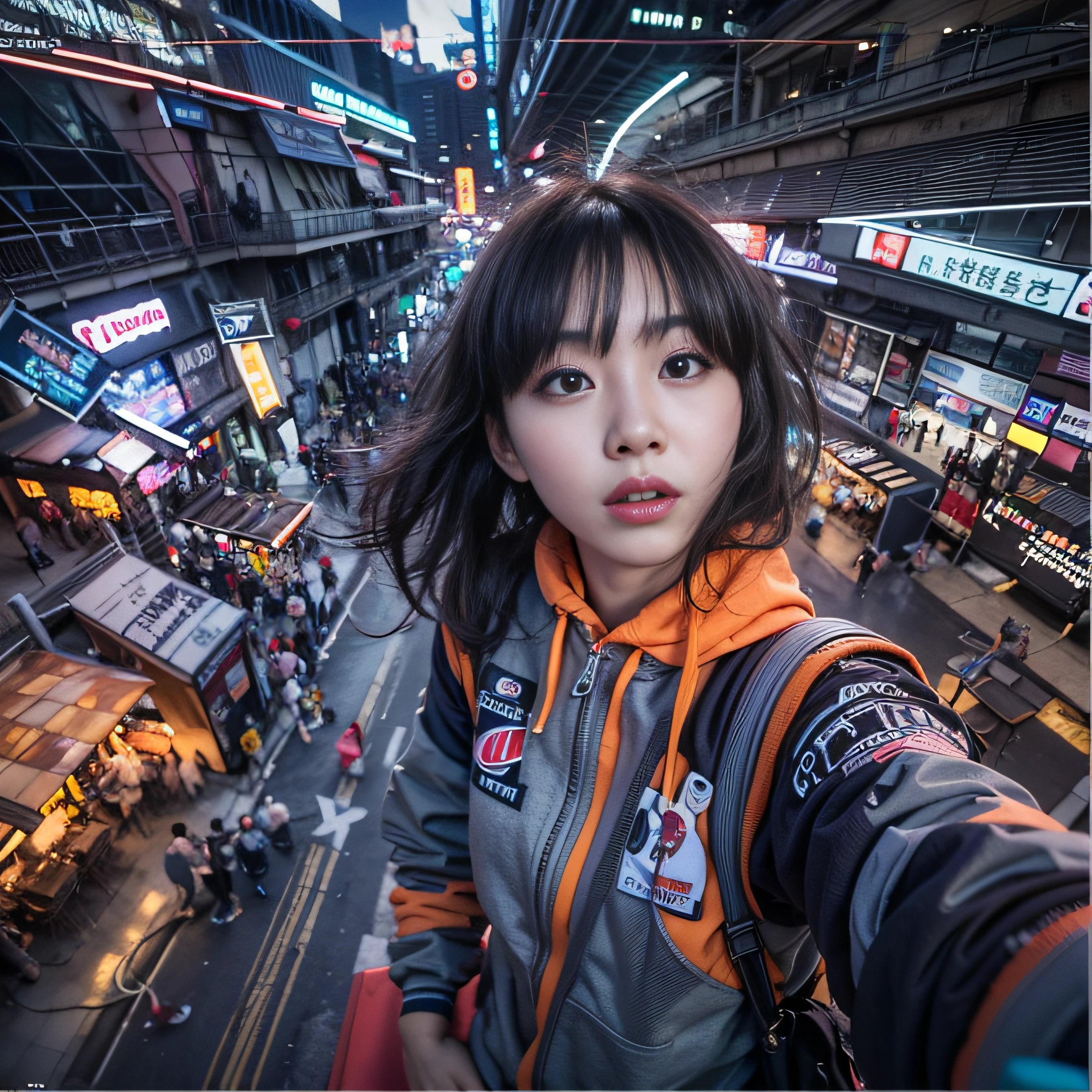 8K, RAW Photos, top-quality, masterpiece: 1.2),fish-eye lens、(((Wide View)))、Inside the station、Station platform、fish-eye lens、look at a camera、Cool pose、Hair disheveled in the wind、fully body photo、Red or orange neon、Cyberpunk movies、Raw photo of beautiful Korean 20 year old woman、Half Face、deep in the night、darkened room、hightquality、More skin、Lustrous skin、clearface、cinema shot、nffsw、foco nítido
