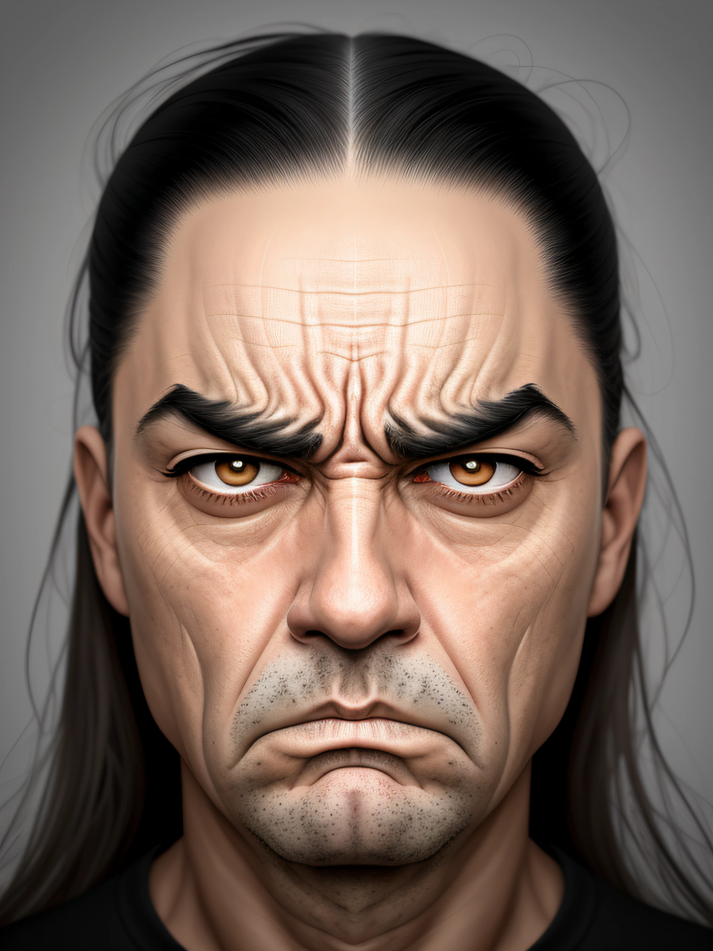 imagem arrogante de um homem com uma cara muito grande no rosto, [cabelos brancos], [sobrancelhas brancas], Perfect eyelashes, face severa, stern expression, angry expression, mal-humorado [ velho ], angry facial expression, angry looking at camera, cara de raiva, homem zangado, very angry expression, arte digital muito realista, olhar irritado, cara de zangada, parecendo irritado, Scowling, olhar severo, pintura digital ultra realista
