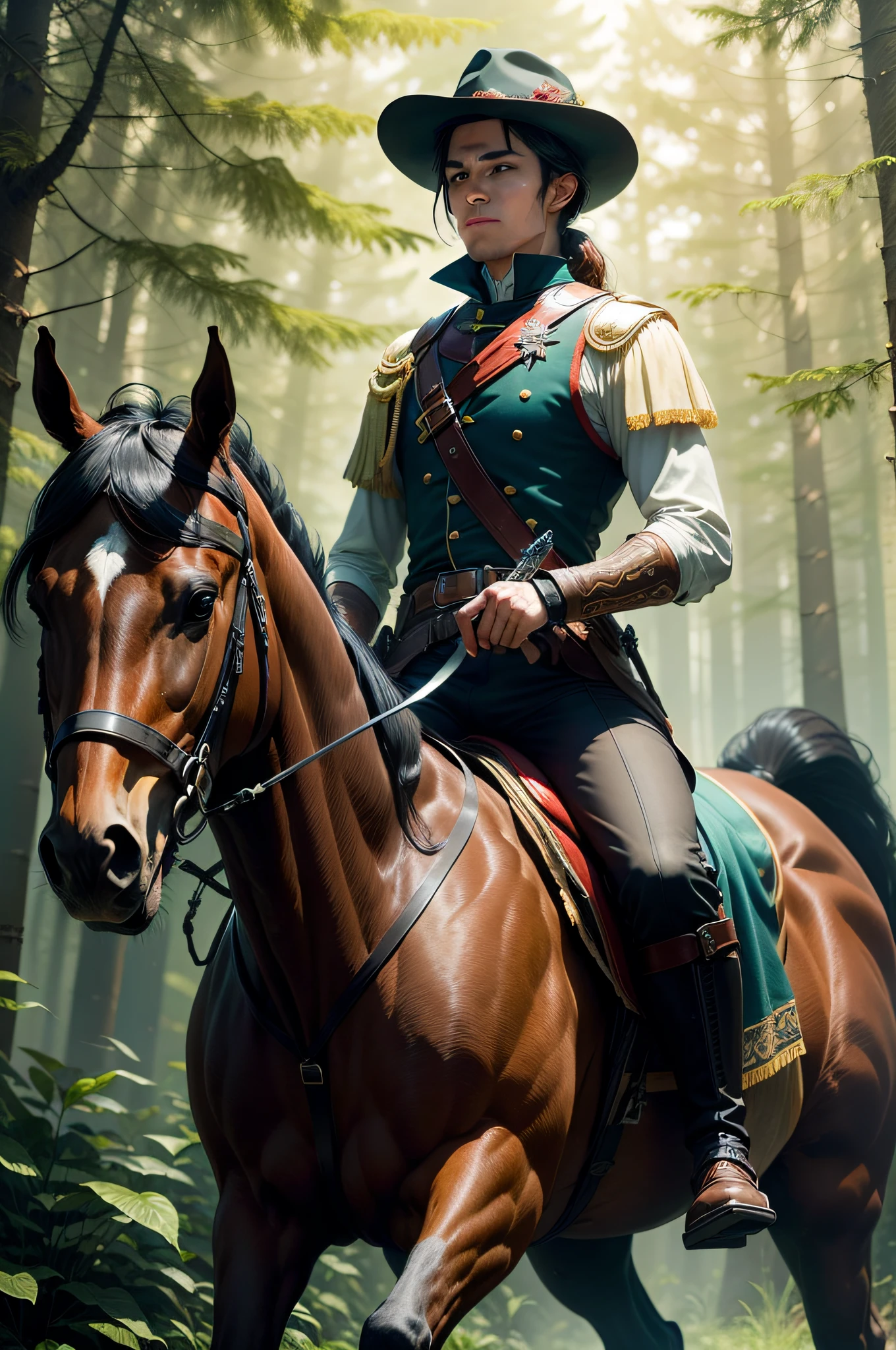A man rides a horse,Sword in hand,full bodyesbian,Background forest,illustration