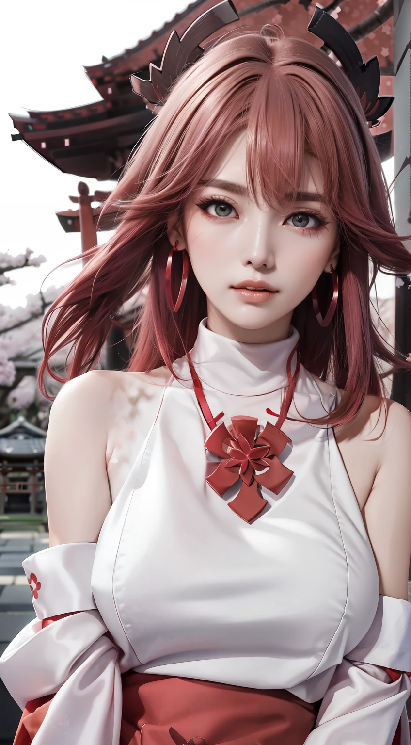 (Masterpiece, Excellent, 1girl, solo, complex details, color difference), realism, ((medium breath)), off-the-shoulders, big breasts, sexy, Yae Miko, long pink hair, red headdress, red highlight, hair above one eye, green eyes, earrings, sharp eyes, perfectly symmetrical figure, choker, neon shirt, open jacket, turtleneck sweater, against the wall, brick wall, graffiti, dim lighting, alley, looking at the audience, ((mean, seductive, charming)), ((cherry blossom background ))),((Japanese temple background)))), (((Glow-in-the-dark background)))