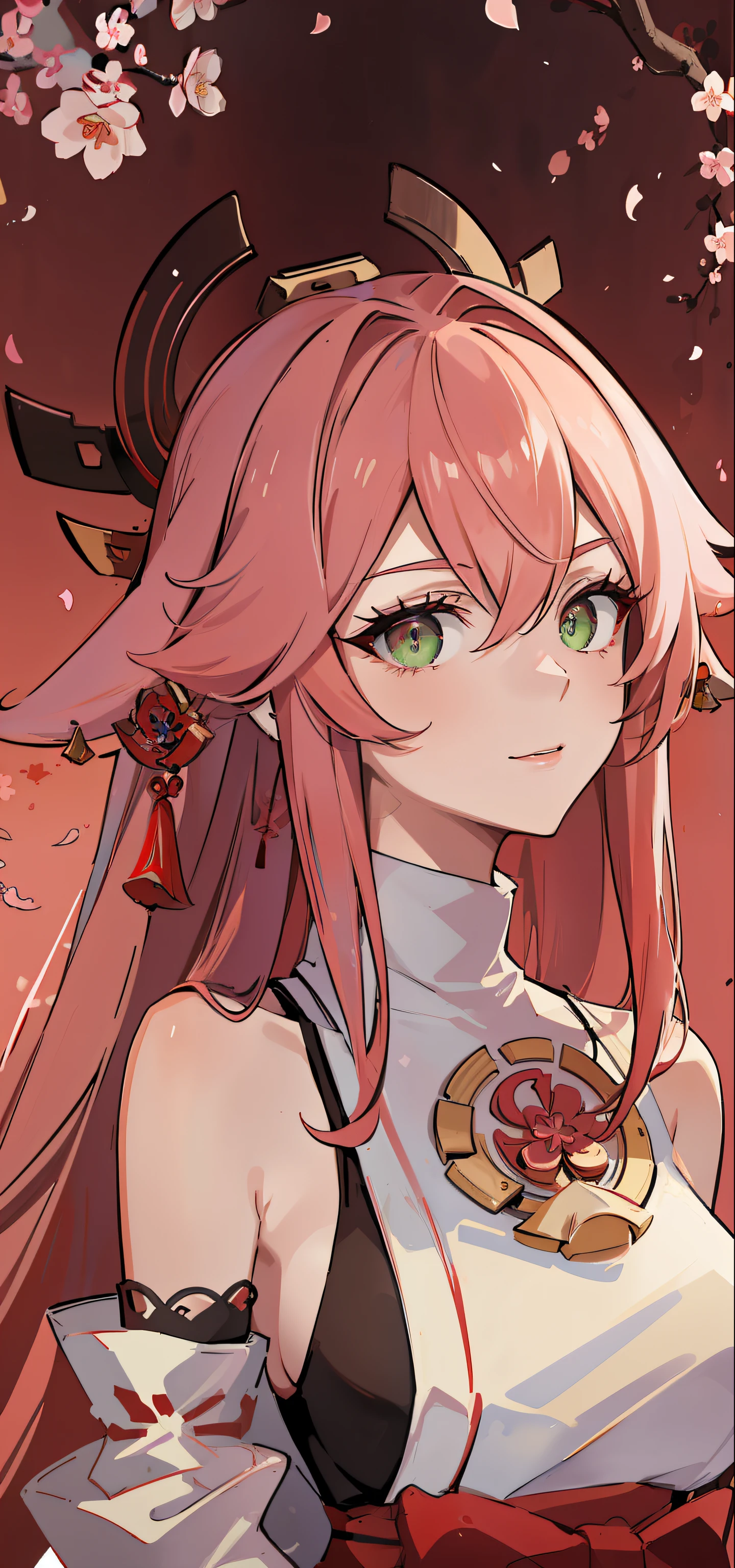 (Masterpiece, Excellent, 1girl, solo, complex details, color difference), realism, ((medium breath)), off-the-shoulders, big breasts, sexy, Yae Miko, long pink hair, red headdress, red highlight, hair above one eye, green eyes, earrings, sharp eyes, perfectly symmetrical figure, choker, neon shirt, open jacket, turtleneck sweater, against the wall, brick wall, graffiti, dim lighting, alley, looking at the audience, ((mean, seductive, charming)), ((cherry blossom background ))),((Japanese temple background)))), (((Glow-in-the-dark background)))