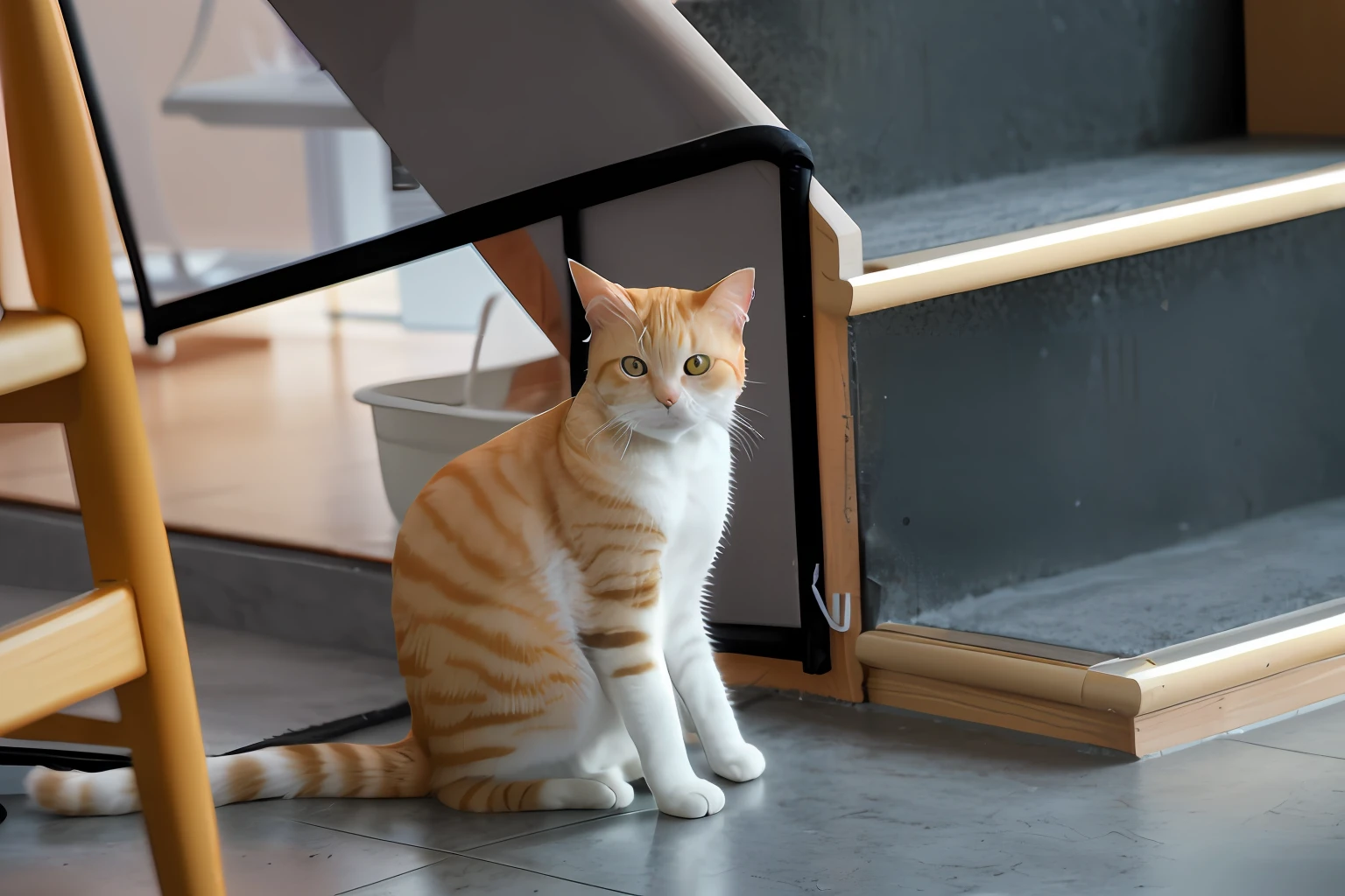 There is a cat sitting on the floor next to the stairs, ginger cat in mid action, photo of a cat, taken with canon 5d mk4, taken with sony alpha 9, An orange cat, Photo taken with Sony A7R, taken with canon eos 5 d mark iv, taken with a Sony A7R camera, taken with canon 8 0 d