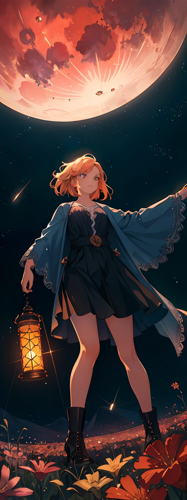 expansive landscape photograph , (a view from below that shows sky above and open field below), a girl standing on flower field looking up, (full moon:1.2), ( shooting stars:0.9), (nebula:1.3), distant mountain, tree BREAK
production art, (warm light source:1.2), (Firefly:1.2), lamp, lot of purple and orange, intricate details, volumetric lighting BREAK
(masterpiece:1.2), (best quality), 4k, ultra-detailed, (dynamic composition:1.4), highly detailed, colorful details,( iridescent colors:1.2), (glowing lighting, atmospheric lighting), dreamy, magical, (solo:1.2)