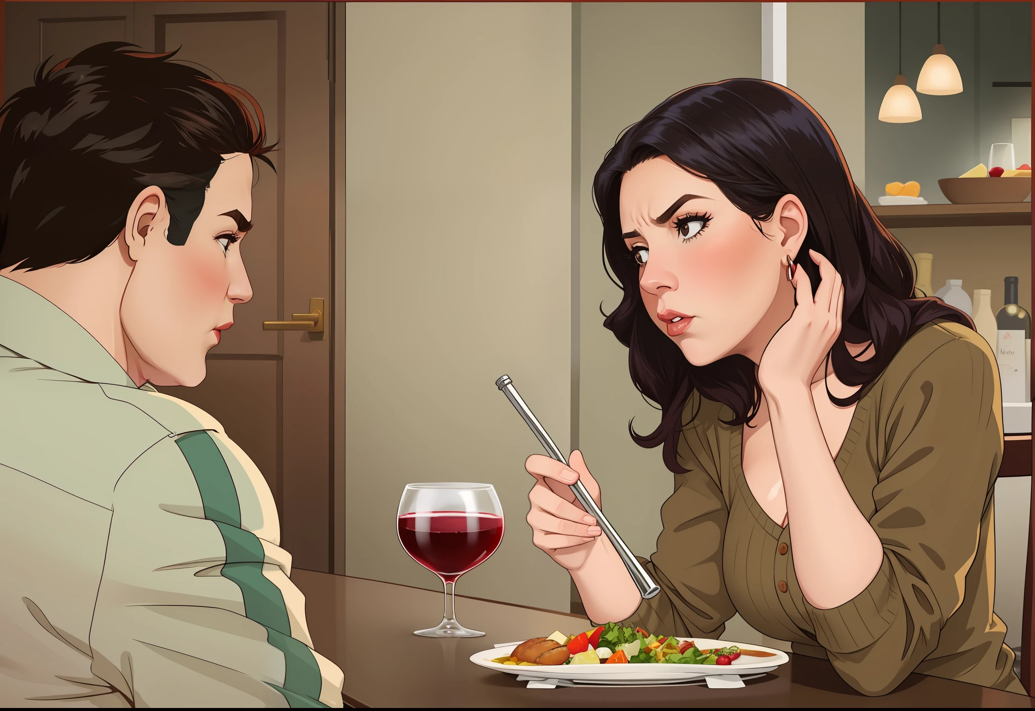 a woman dining and looking forward kind of annoyed with her husband, fat man in jacket, wine glass, plate of food