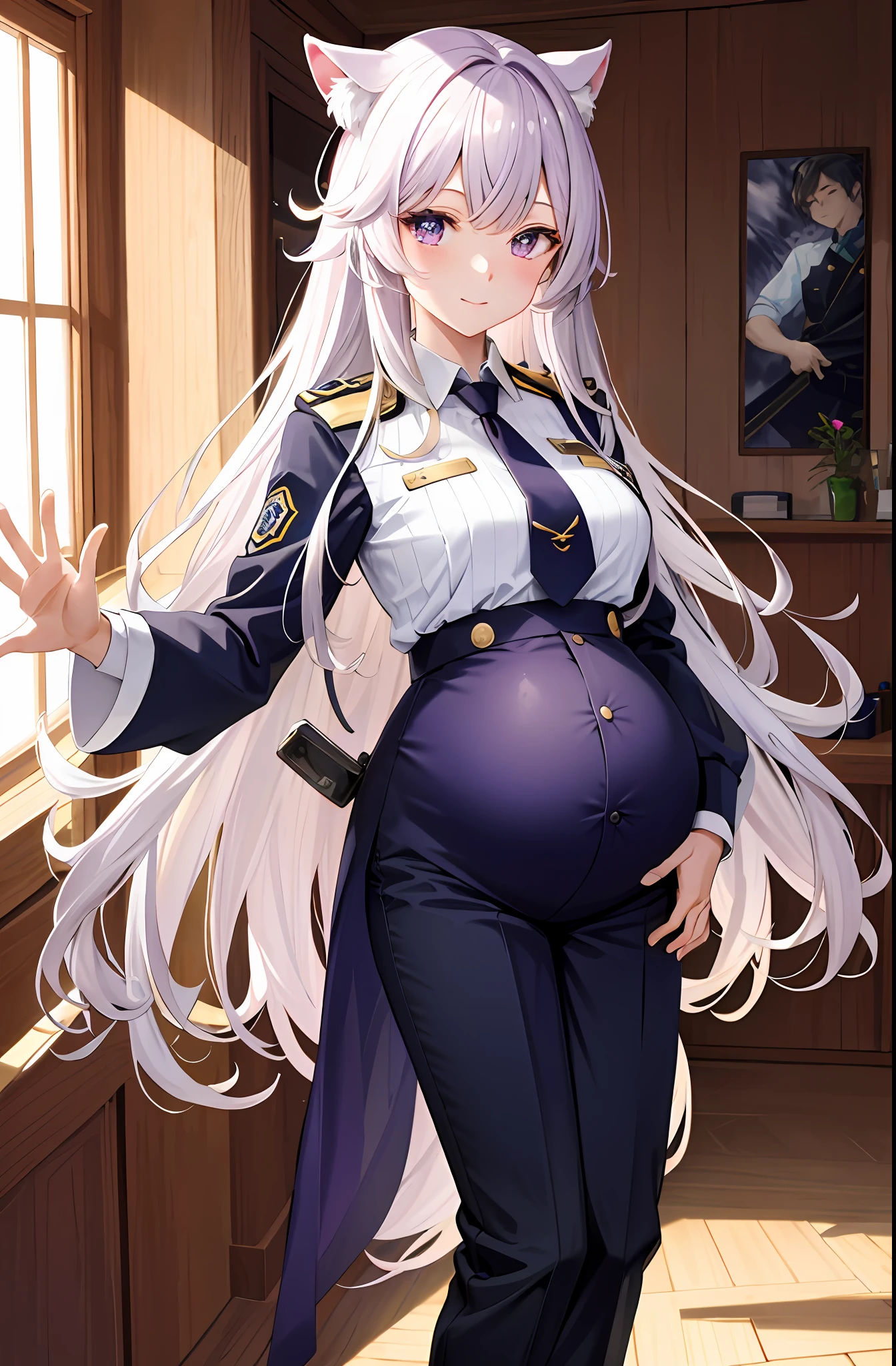 TakaRi， 独奏， 1girll， whaite hair， long whitr hair， Purple eye， ssmile， standing on your feet， dynamicposes， 8K， tmasterpiece， best qualtiy， absurderes， Perfect anatomy， cinmatic lighting， cowboy lens， （Police uniform：1.1）， trouser，Pregnant belly，Pregnant belly