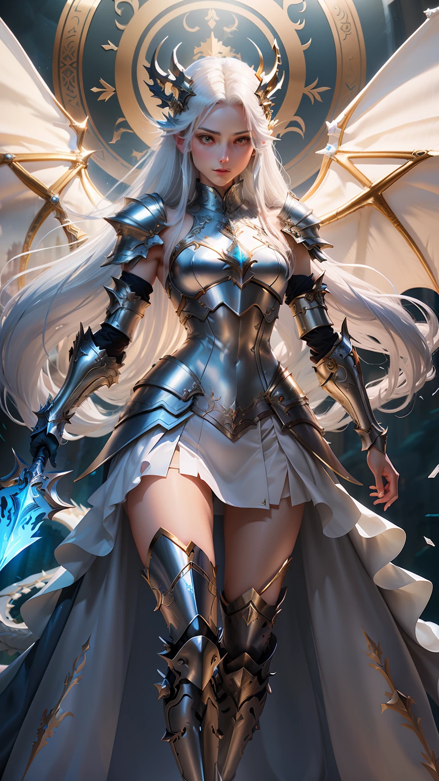 tmasterpiece，Best image quality，Full body photo，Dragon Knight，Overhead light，femele，Slender body，Elegant posture，Long white hair，short  skirt，Chestless，show legs，open waist，Silver armor on the shoulders，Silver armor on the body，A western dragon spreads its wings behind its back，Clear stockings on the legs