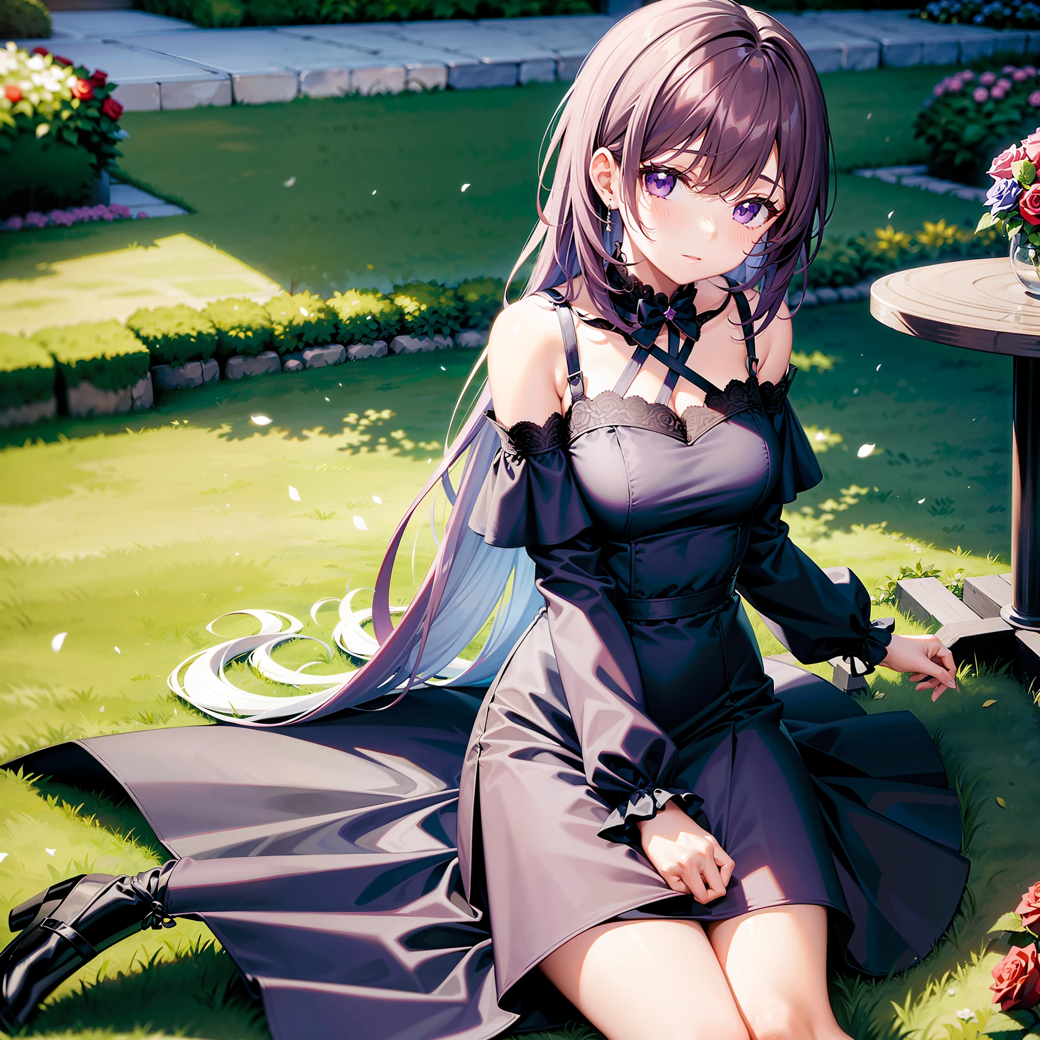 1girll,独奏,sit on chair,Inside the garden,cabelos preto e longos,Rose hair cards,Violet off-the-shoulder dress,black lence stockings