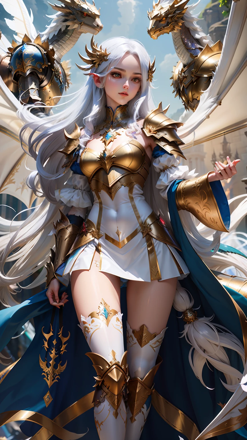 tmasterpiece，Best image quality，Full body photo，Dragon Knight，Overhead light，femele，Slender body，Long white hair，short  skirt，Chestless，show legs，open waist，Silver armor on the shoulders，The head is decorated with feather-shaped metal ornaments，Metallic pattern on the body，A dragon spreads its wings on its back，Clear stockings on the legs