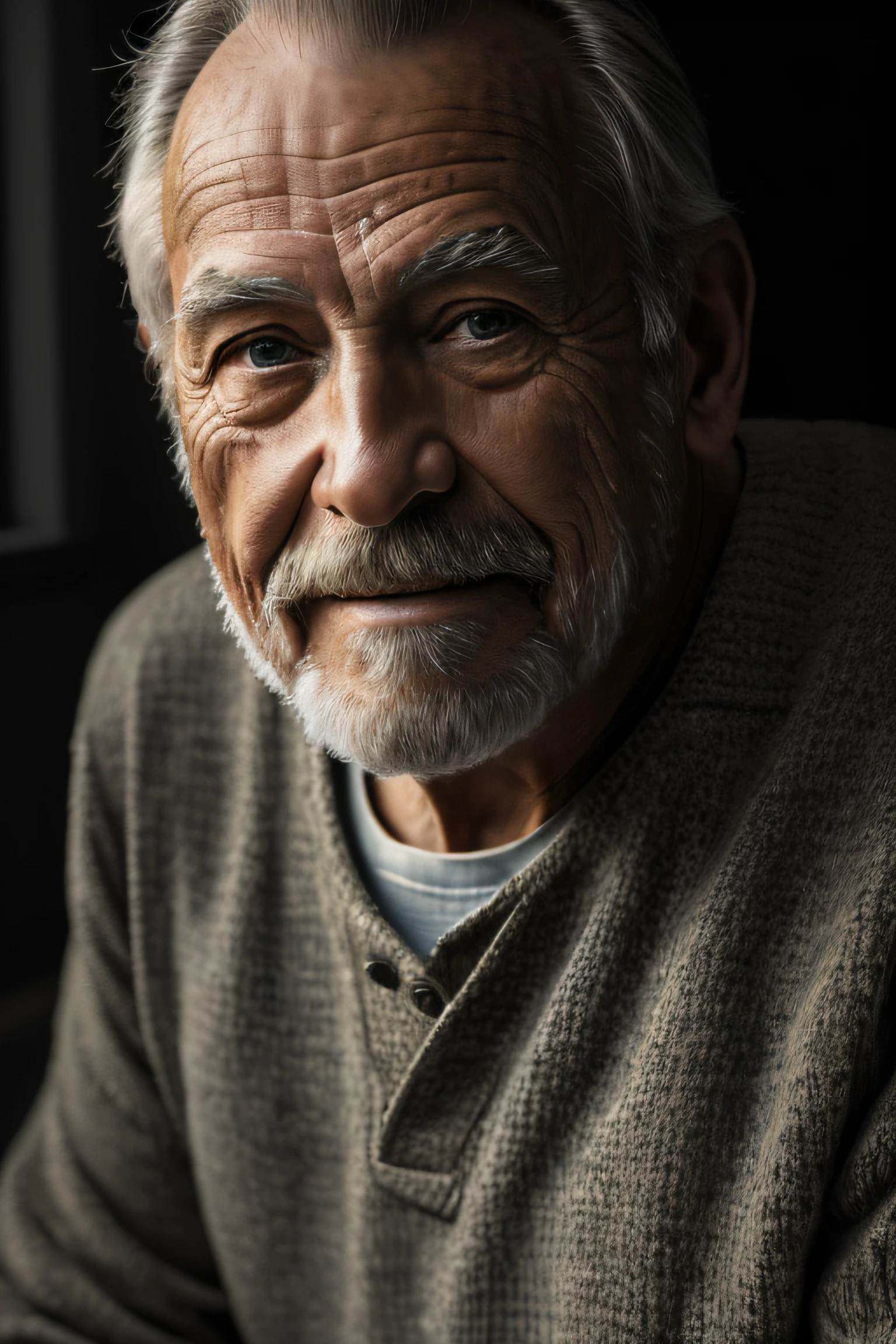 (masterpiece, photorealistic, raw,:1.4), (extremely intricate:1.2), close up, cinematic light, sidelighting, ultra high res, best shadow, RAW, upper body, old man, wearing pullover,