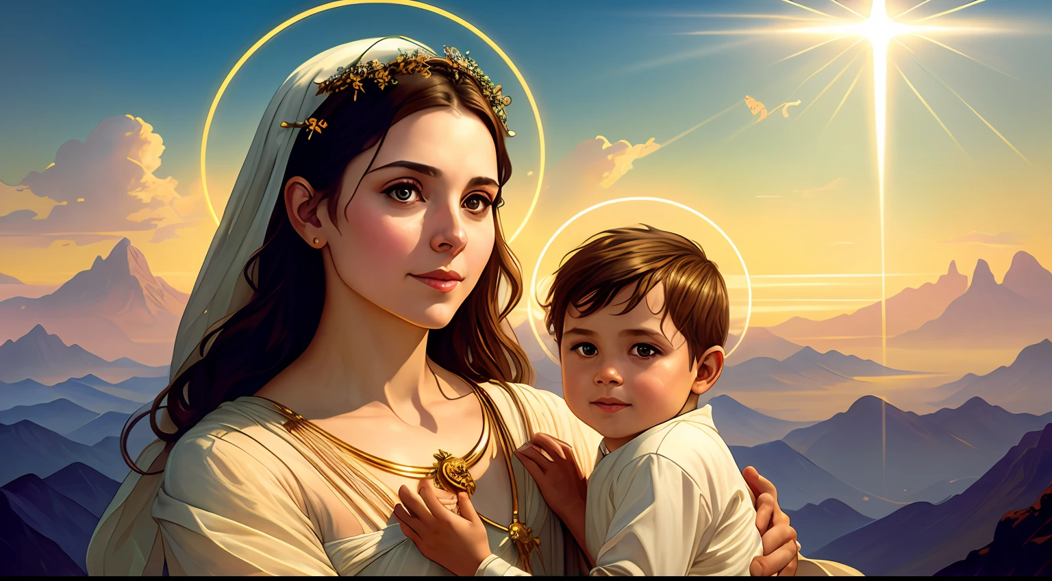 masterpiece, woman and child, holy virgin mary with little boy in her arms, ((halo over head)), smiling, heavenly sky, half body, ((divine light)), ethereal, clouds, back lighting, realistic portrait, symmetrical, strong, intricate drawing, highly detailed, digital painting, art station, concept art, fluid, sharp focus, illustration, against heaven's gate, cinematic lighting, works by artgerm and greg rutkowski and alphonse mucha
