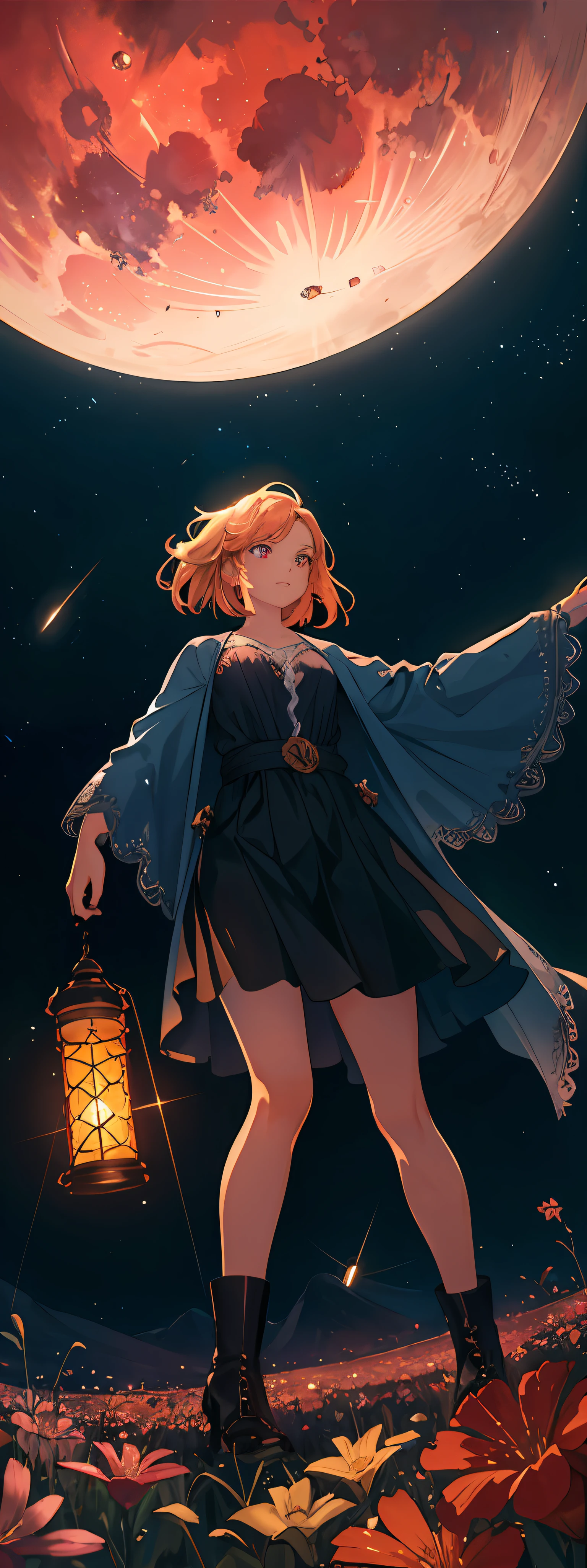 expansive landscape photograph , (a view from below that shows sky above and open field below), a girl standing on flower field looking up, (full moon:1.2), ( shooting stars:0.9), (nebula:1.3), distant mountain, tree BREAK
production art, (warm light source:1.2), (Firefly:1.2), lamp, lot of purple and orange, intricate details, volumetric lighting BREAK
(masterpiece:1.2), (best quality), 4k, ultra-detailed, (dynamic composition:1.4), highly detailed, colorful details,( iridescent colors:1.2), (glowing lighting, atmospheric lighting), dreamy, magical, (solo:1.2)