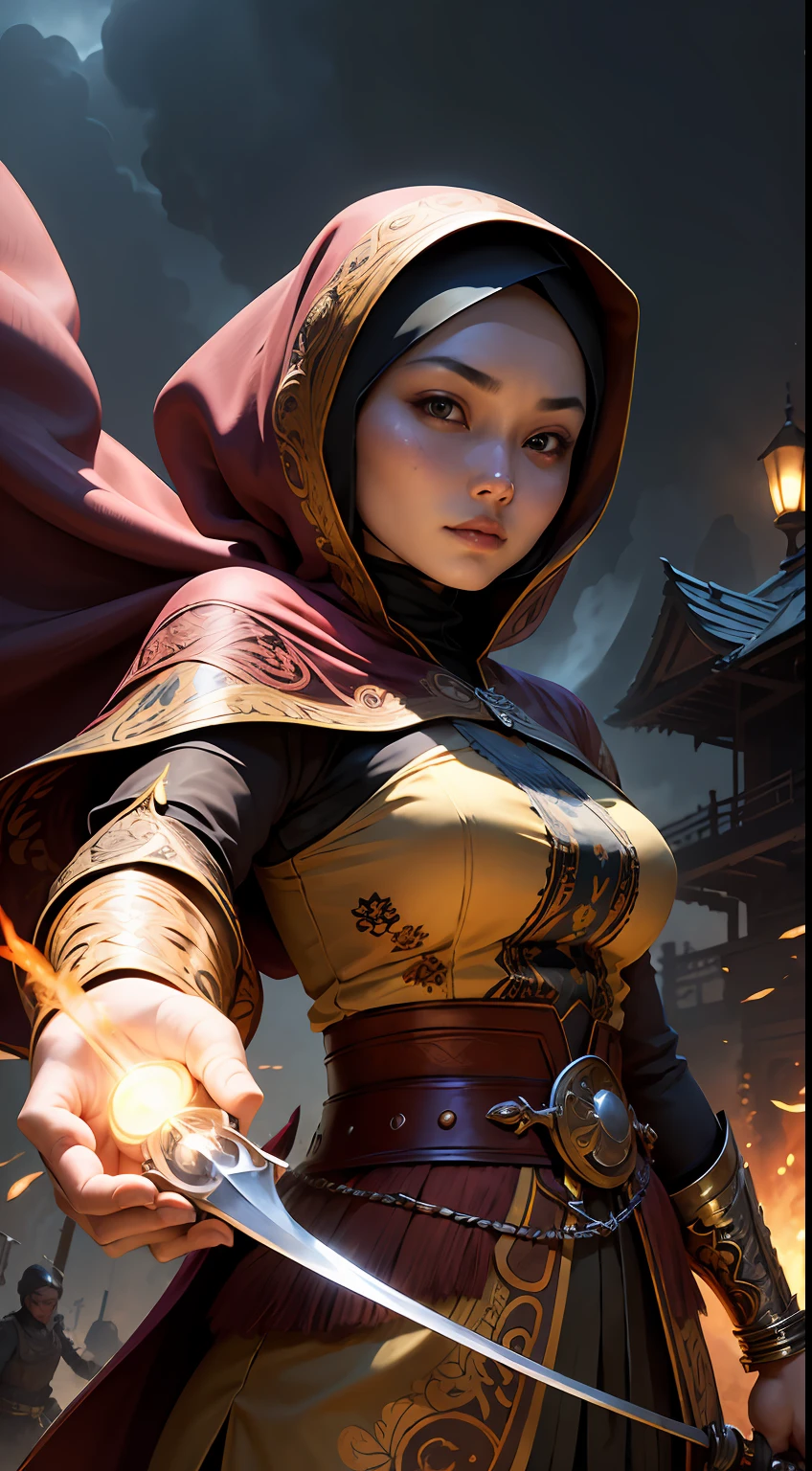 A Javanese hijab woman, warrior, fighter, brown batik long-sleeved shirt, long opened robes, hand holding a short sword, background explosion, night, jungle, heroic pose (masterpiece:1.2) (illustration:1.1) (best quality:1.2) (detailed) (intricate) (8k) (HDR) (wallpaper) (cinematic lighting) (sharp focus)