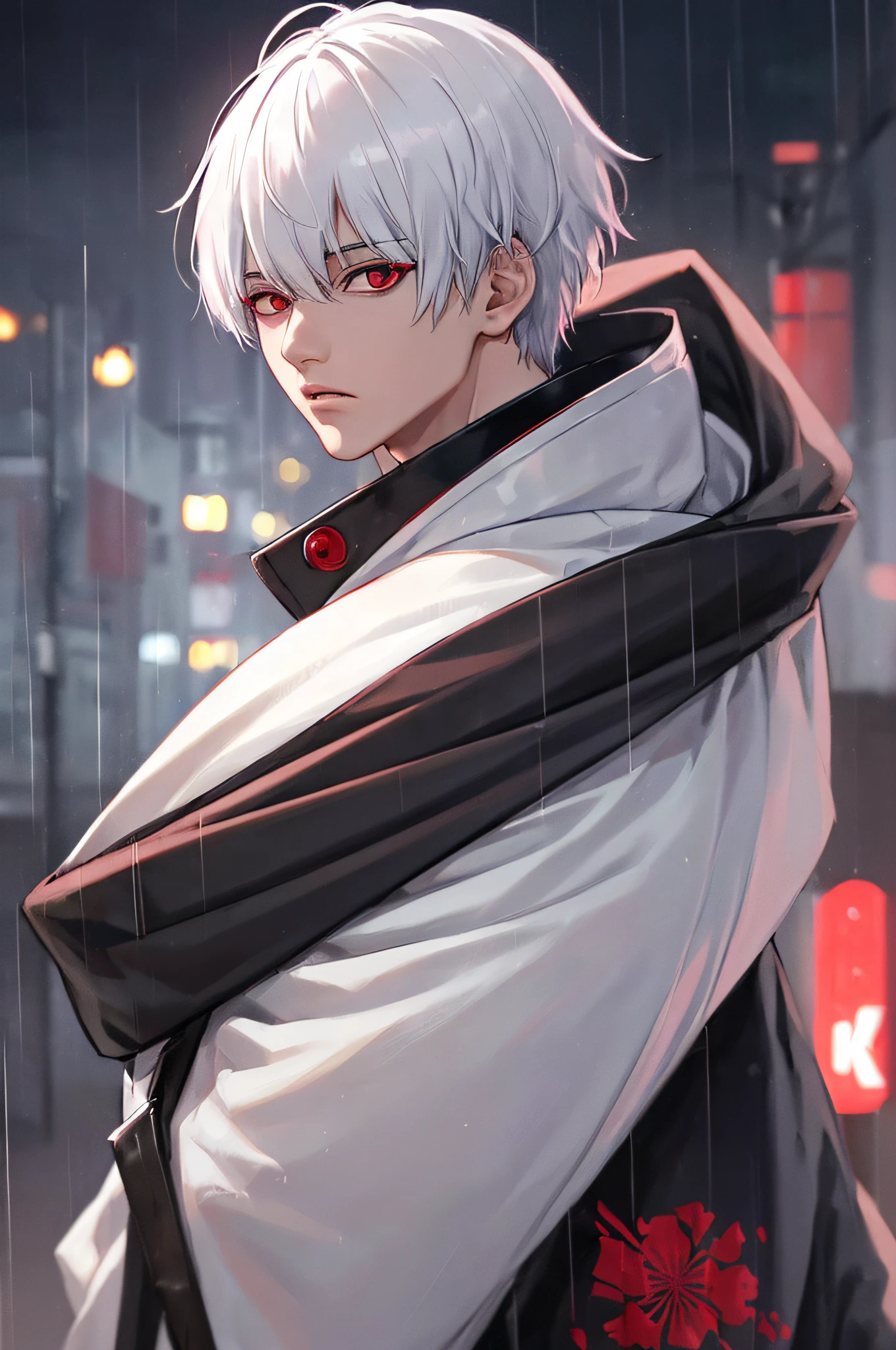 kk, best quality, more details, masterpiece, 1boy, kaneki ken, portrait, male focus, red eyes, solo, bangs, looking at viewer, hood, short hair, rain, tokyo tokyo \(city\),  hood up, nail polish, white hair, luxurious, 8k, detailed, ray tracing, depth of field, cinematic lighting,