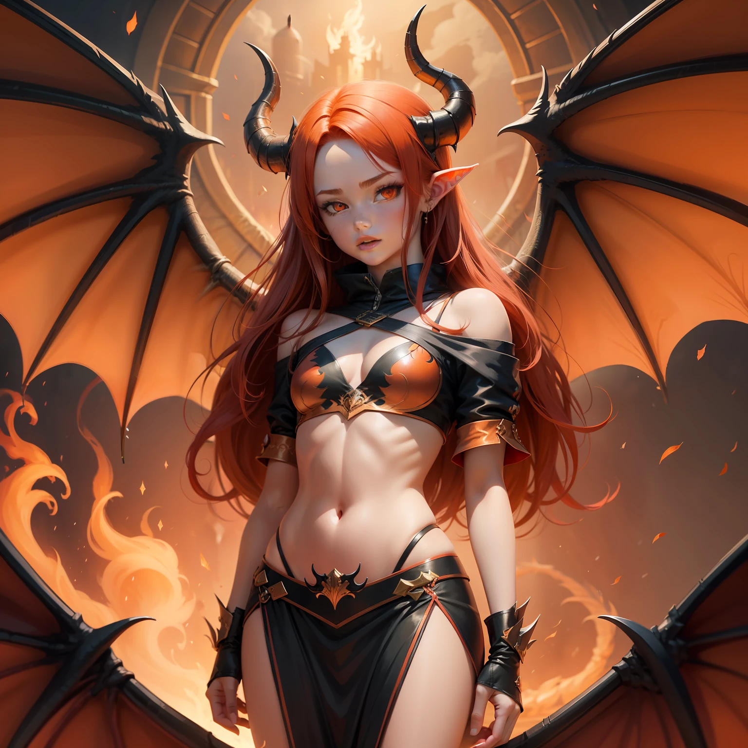 r, red hair, orange eyes, small chest, demon , wings , magic background, horns , Cartoon, drawing, magic , dragon cause, female