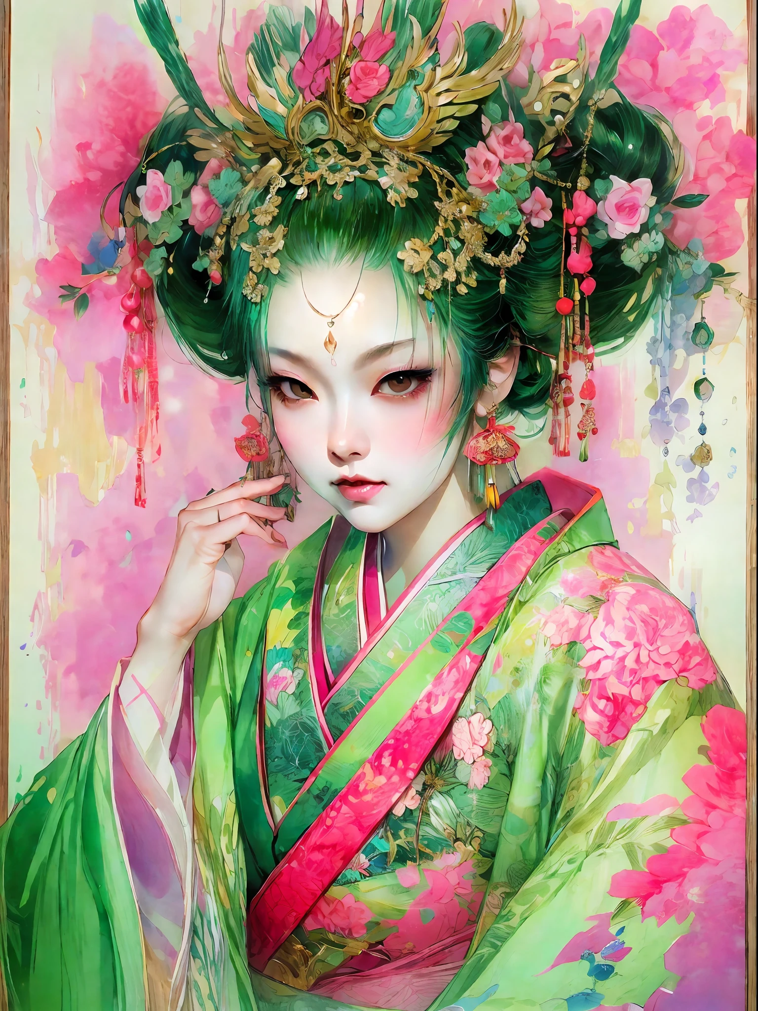 HighestQuali，tmasterpiece：1.2，Detailed details，（Very detailed face，Real pictures，Realistic skin，photorealistic body，Complicated details），独奏，1 milf，rcasual，ukiyoe painting，（aquarelle：1.3），Oiran