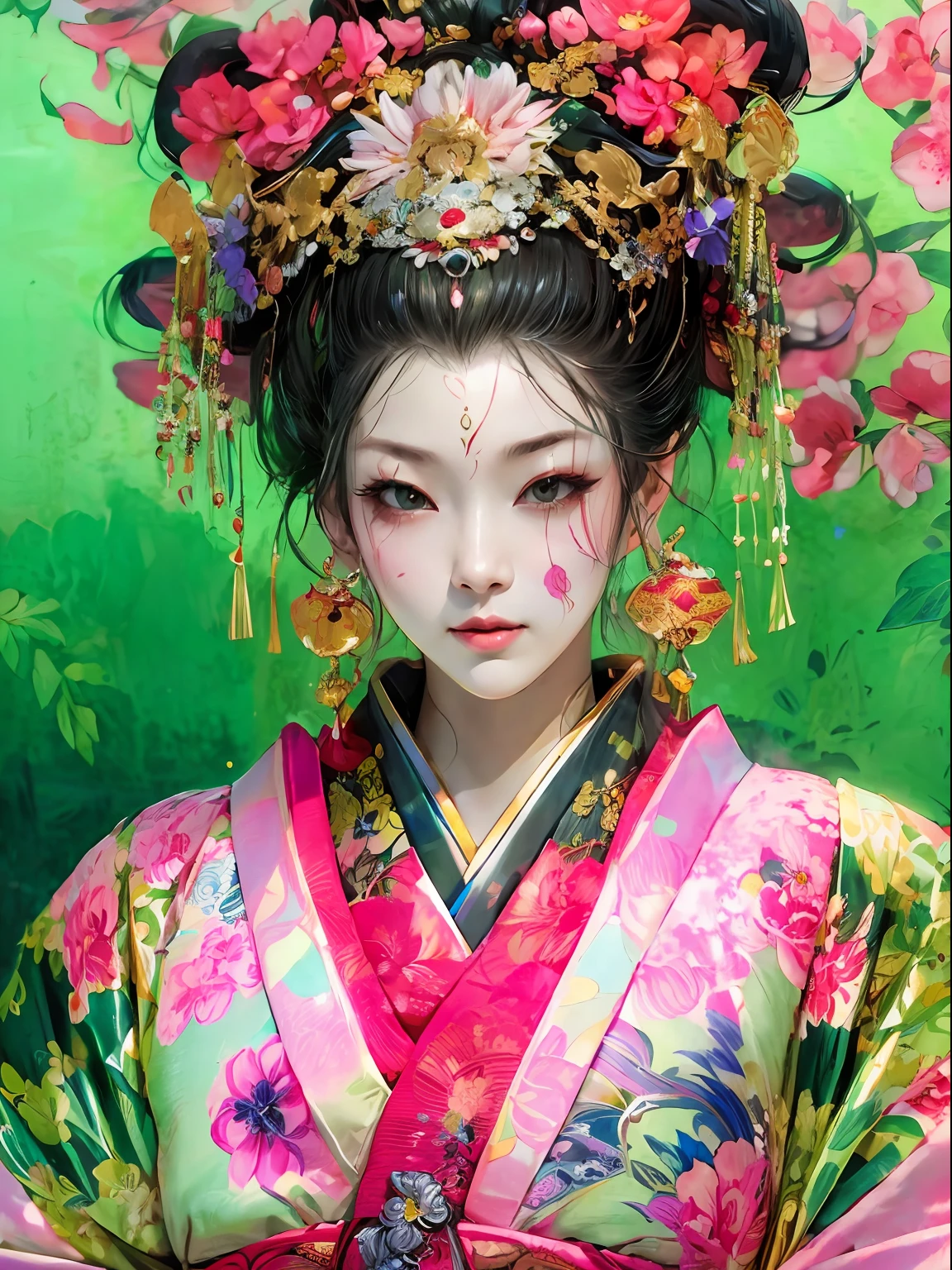 HighestQuali，tmasterpiece：1.2，Detailed details，（Very detailed face，Real pictures，Realistic skin，photorealistic body，Complicated details），独奏，1 milf，rcasual，ukiyoe painting，（aquarelle：1.3），Oiran