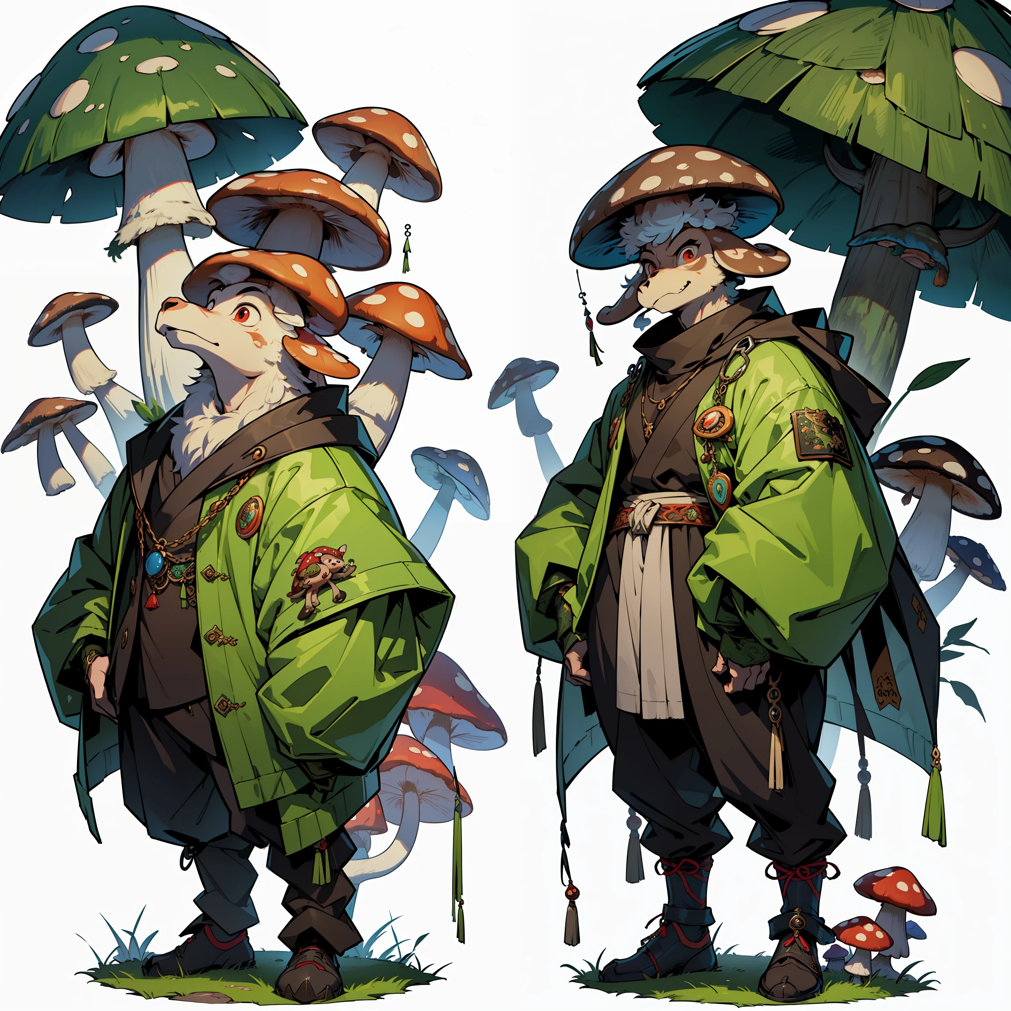 ((top-quality))、((tmasterpiece))、((Full body photo of a man))、((very simple background))、(Game character design)、Mushroom anthropomorphic monsters、(Moss and mushrooms merge with the body,)、cartoony、Beastman、Ornaments with mushroom motifs、cyber punk perssonage、Olette、独奏、Fighting posture