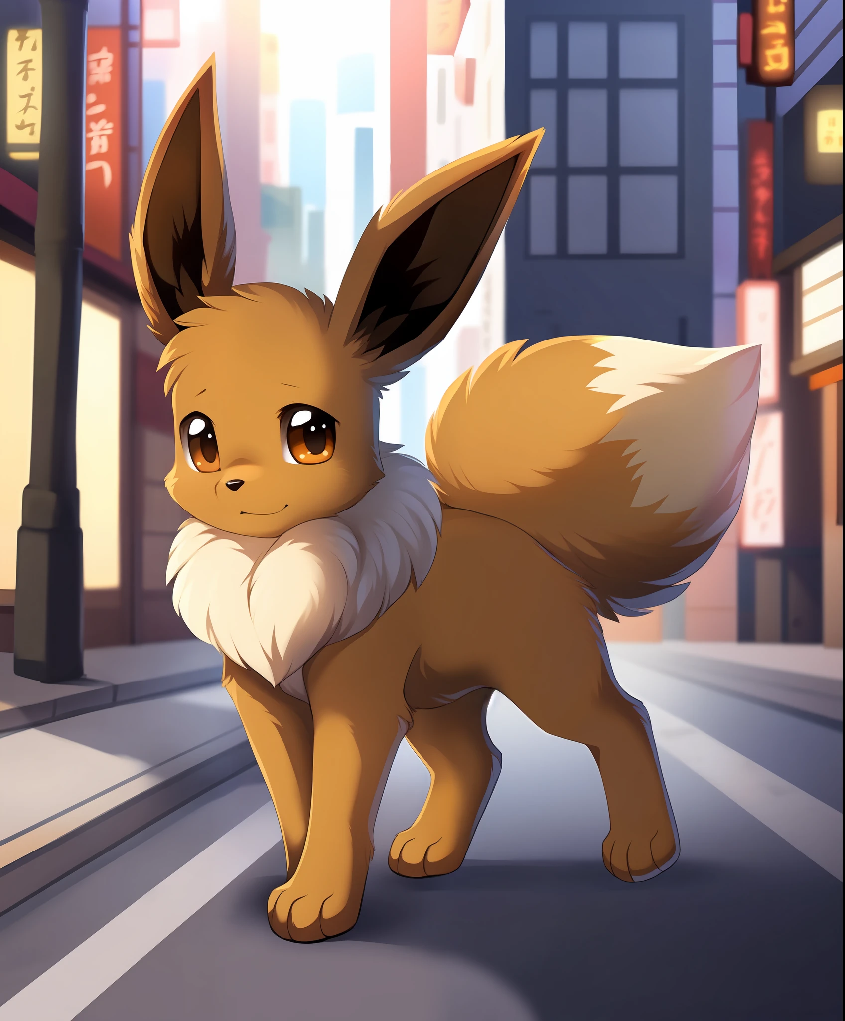 best quality, high quality, hi res, by hioshiru,by tsukune minaga,japanese city,public,detailed background, detailed fur, (solo:1.2),
BREAK
((a male feral eevee)), walking down the street,cute expression,