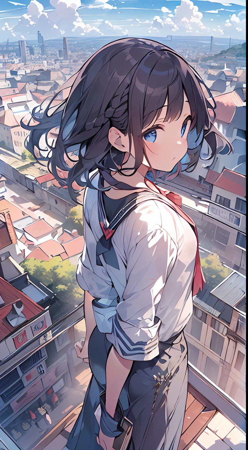 masutepiece, Best Quality,Illustration, Wallpaper, Ultra Detail, absurderes, 1little girl、 Solo, (Medium short hair、short braided hair), Beautiful ultra-detailed eyes , Hair fluttering in the wind、(Street), Beautiful sky,(a panoramic view:1.5),(Sense of depth:1.5),(longshot:1.5)