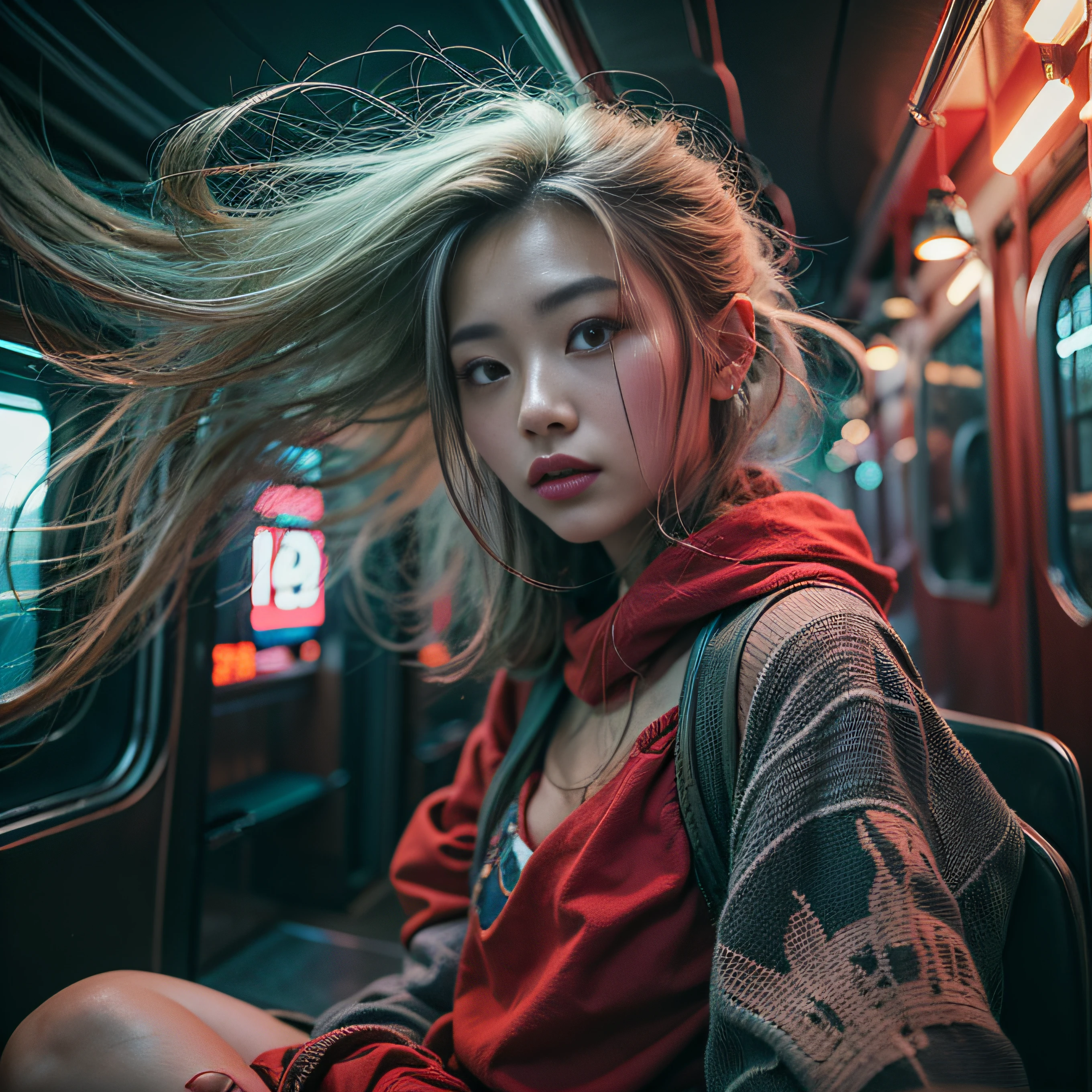 8K, RAW Photos, top-quality, masterpiece: 1.2),fish-eye lens、(((Wide View)))、Sitting on a train chair、Fisheye lens from below、look at a camera、Cool pose、Hair disheveled in the wind、fully body photo、Red or orange neon、Cyberpunk movies、Raw photo of beautiful Korean 20 year old woman、Half Face、deep in the night、darkened room、hightquality、More skin、Lustrous skin、clearface、cinema shot、nffsw、foco nítido