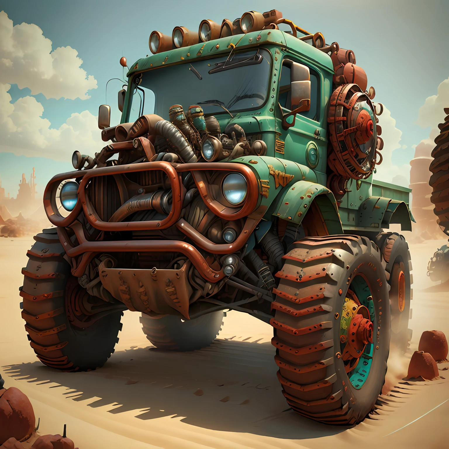 Muscle Truck Carreta Mad Max CogPunkAI ,Cores ,vermelho,azul,amarelo,verde,preto 64 k, (cores),realismo, Total view ,3d