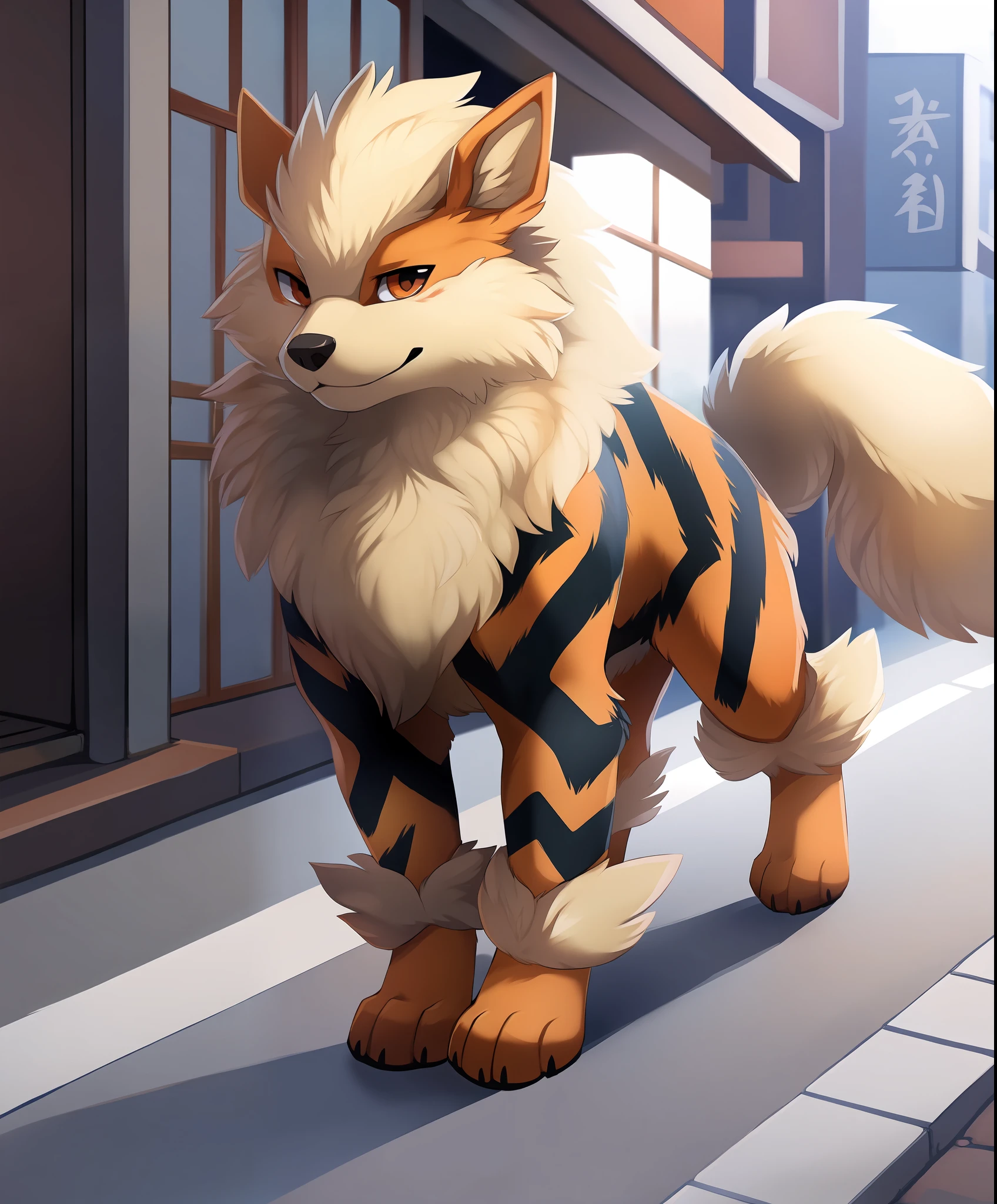 best quality, high quality, hi res, by hioshiru,by tsukune minaga,japanese city,public,detailed background, detailed fur, (solo:1.2),
BREAK
((a male feral arcanine)), walking down the street,cute expression,