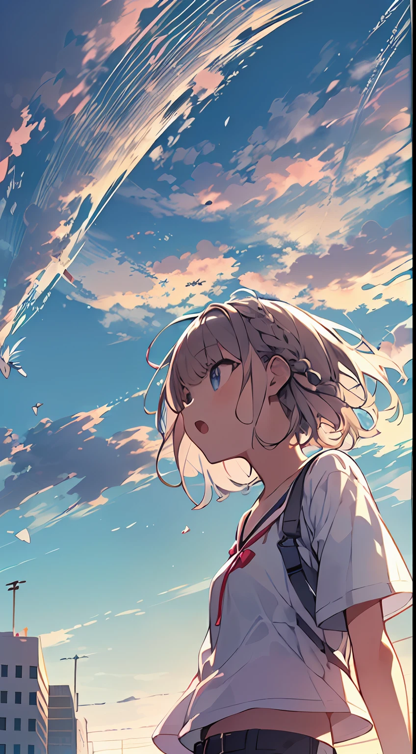masutepiece, Best Quality,Illustration, Wallpaper, Ultra Detail, absurderes, 1little girl、 Solo, (Medium short hair、short braided hair), Beautiful ultra-detailed eyes , Hair fluttering in the wind、(Street),:o, Beautiful sky,(a panoramic view:1.5),(Sense of depth:1.5),(longshot:1.5)