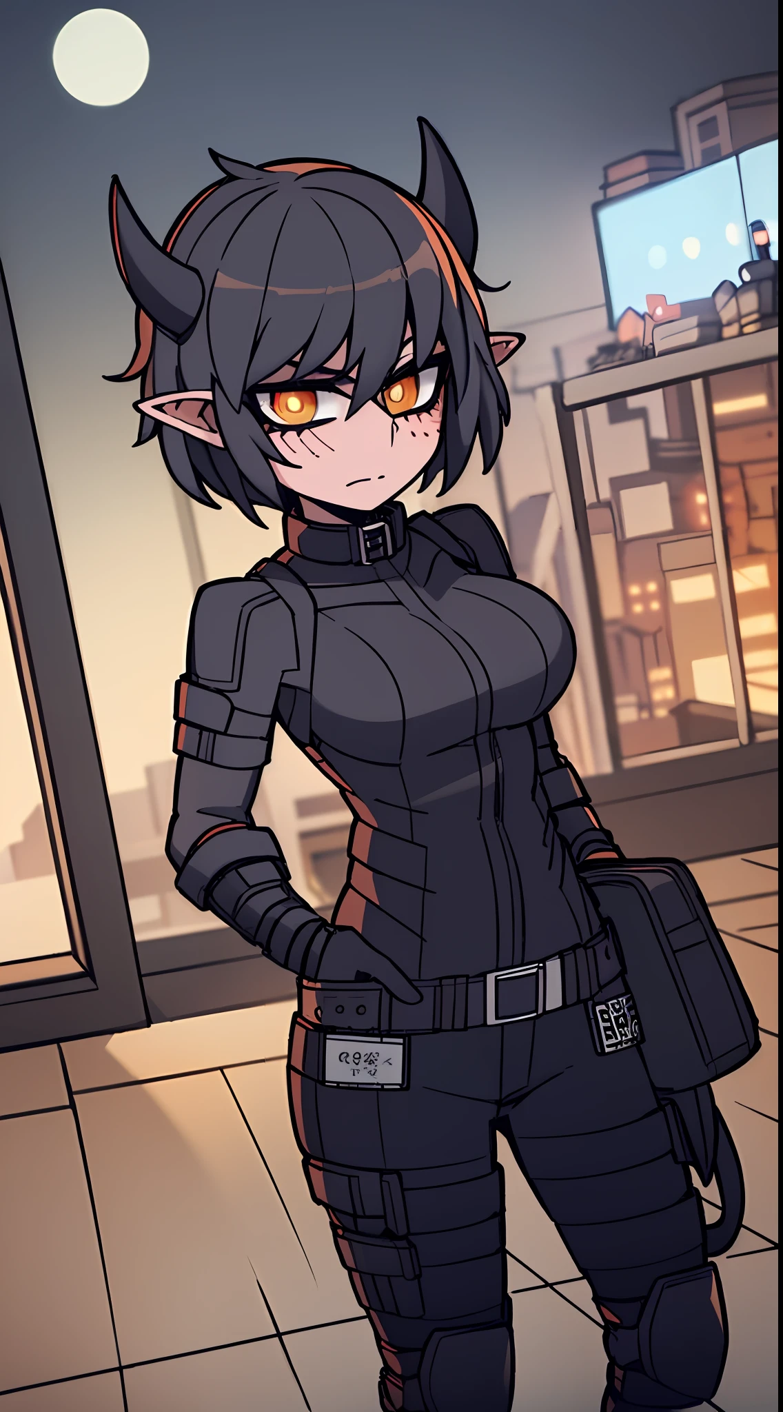 1girl, solo, mature woman, pointy ears, breasts, wide hips, thick thighs, blush, blushing, horns on head, demon tail, large breasts, dynamic angle, sharp focus, standing, heterochromia, 8k resolution, city, night, moon light, neon lights, cyberpunk, ghost in the shell, black latex suit, chest rig, holster, straps, knee pads, toolbelt, pouches, high quality shadows, glowing eyes, looking at viewer, science fiction, lens flare, night vision goggles, balaclava, ski mask, zip up, combat boots, black gloves, skyscraper windows, turtle neck collar, high collar, satchel, hands in pockets, shirt pocket, stealth suit, sci fi architecture, digital building, tech wear, cables, cybernetics, body armor, patch, armor plates, covered face, concealed face,