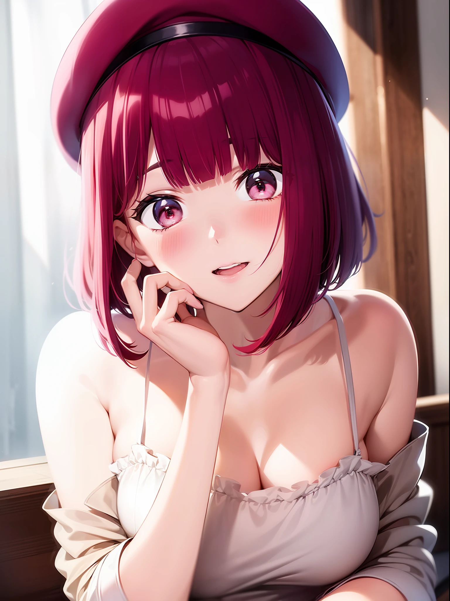 1 girl, graduation bob, straight short hair,  mediumvioletred hair, mediumvioletred eyes, big droopy eyes, small beret, selfish, see-through, sexually suggestive