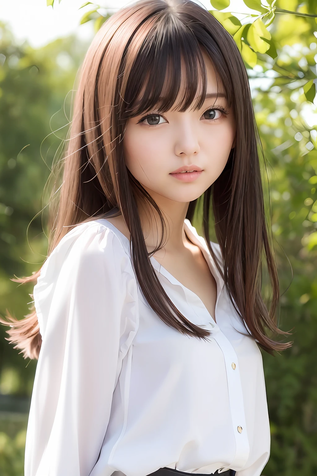 (8k, top-quality, masterpiece:1.2), (realisitic, Photorealsitic:1.37), ultra-detailliert, One Girl,cute little, 独奏,Beautiful detailed sky,date,(Nasal blush),(a smile:1.15),(a closed mouth)tiny chest、beatiful detailed eyes、(length hair: 1.2)、Floating Hair NovaFrogStyle、The upper part of the body、White blouses