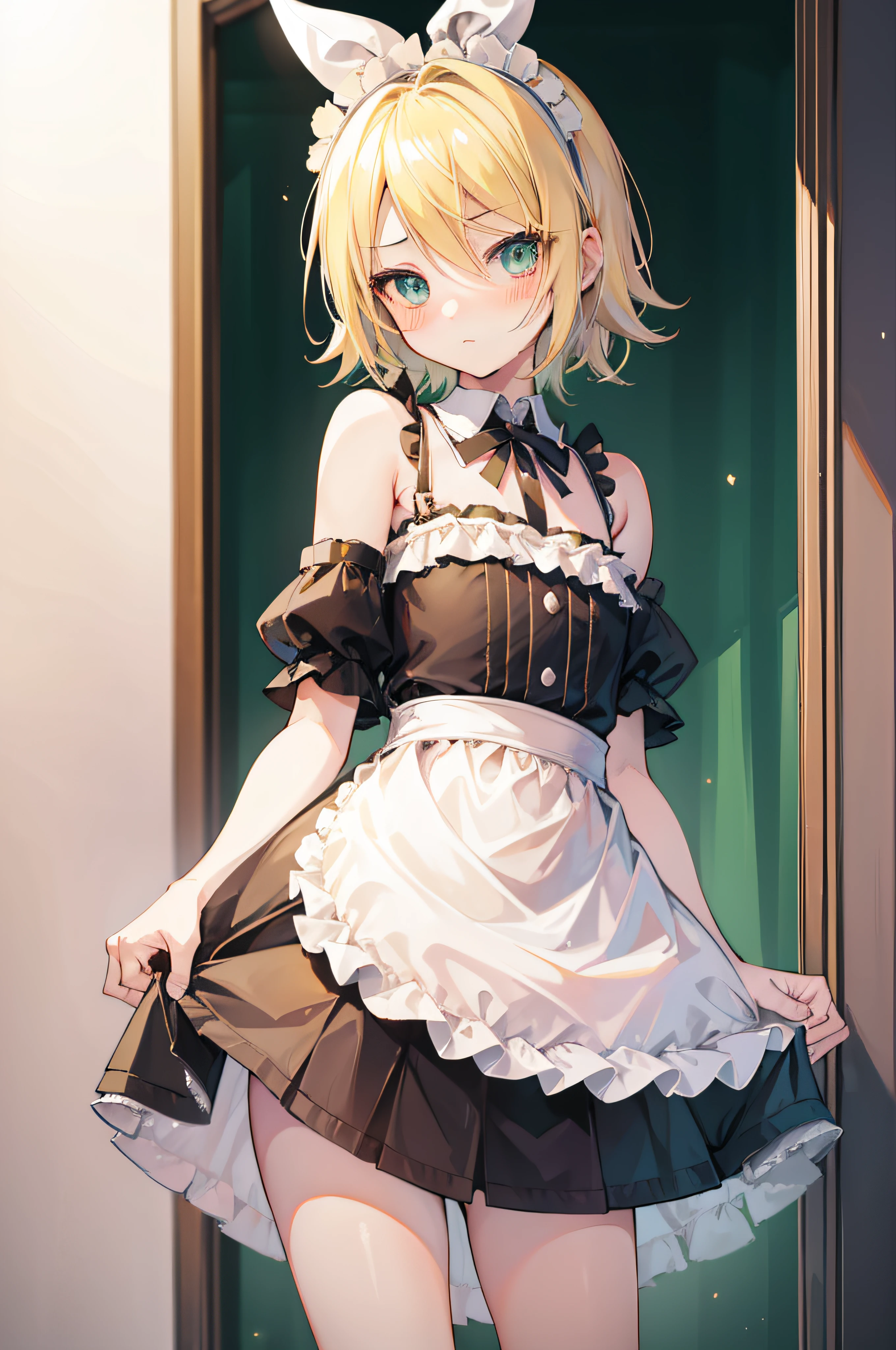 one girl, (Kagamine_Rin), green eyes, blond hair, short hair, cute face, beautiful eyes, flat chest, (maid costume), standing, cowboy shot, look at you, she loves you, (shy), (blush), your girlfriend, at home, night, off shoulder, lift skirt, sexy