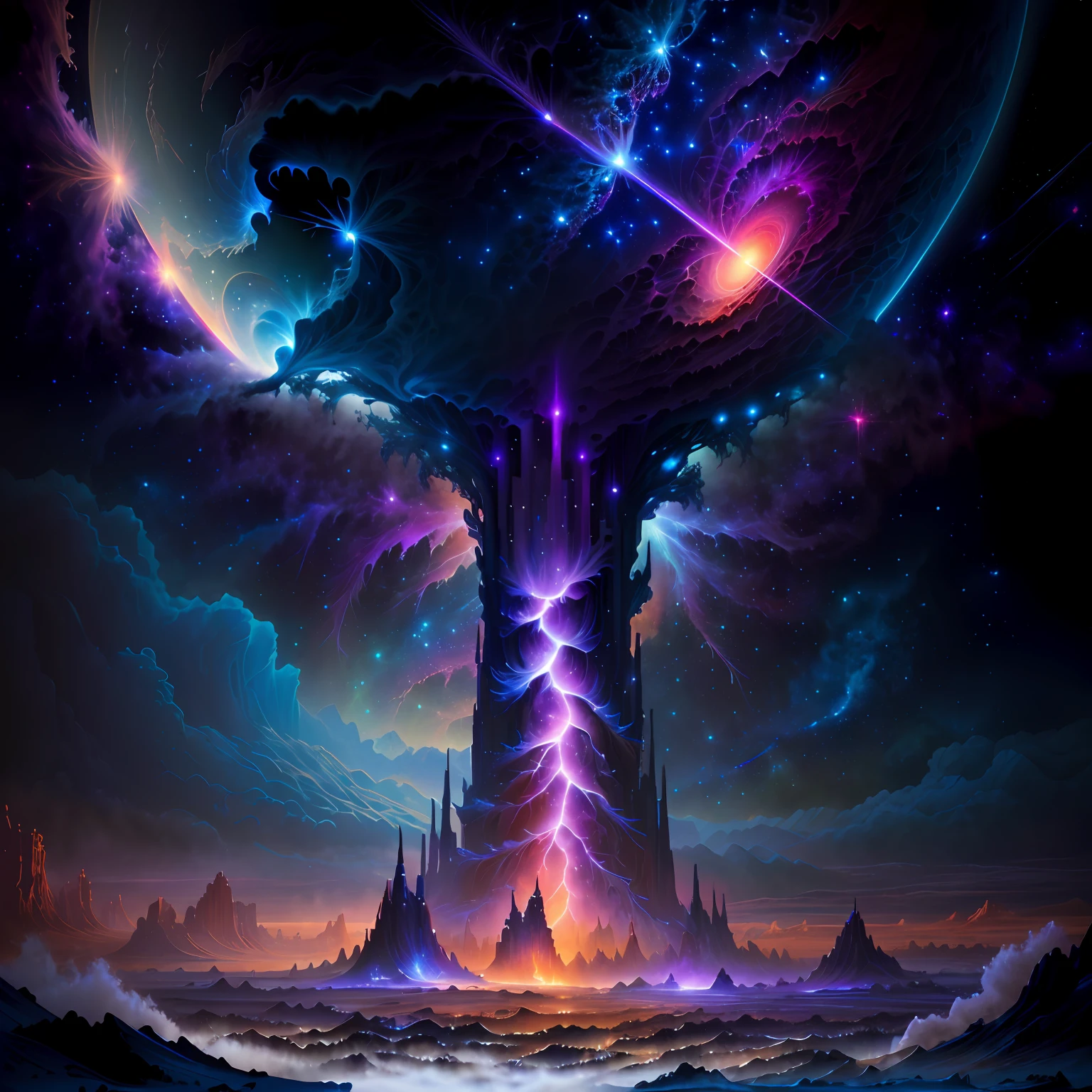 Fractal Thunder Dan Mumford no topo, arte conceitual 8k, 8k arte impressionante, epic scifi fantasy art, Epic Fantasy Digital Art Style, Arte de fantasia 8k, arte conceitual 8 k, Planetas espaciais, The pillars of creation are interstellar-sized clumps of dust and gas in the Eagle Nebula