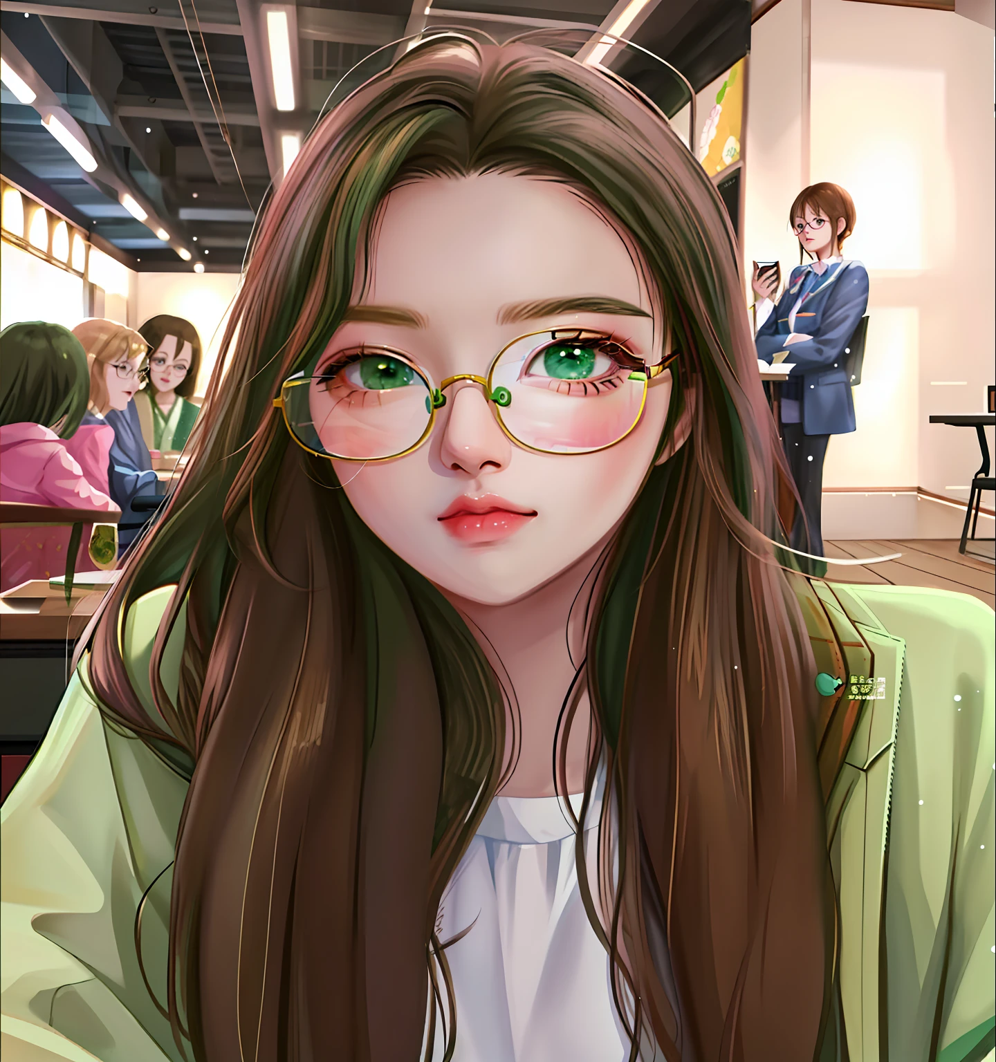 Anime girl sitting at table with glasses and green jacket, Kawaii realistic portrait, Guviz-style artwork, Digital anime illustration, high quality portrait, in the art style of bowater, Guviz, Realistic anime 3 D style, With glasses, High Quality Anime Art Style, lofi portrait, Realistic anime art style, a beautiful anime portrait