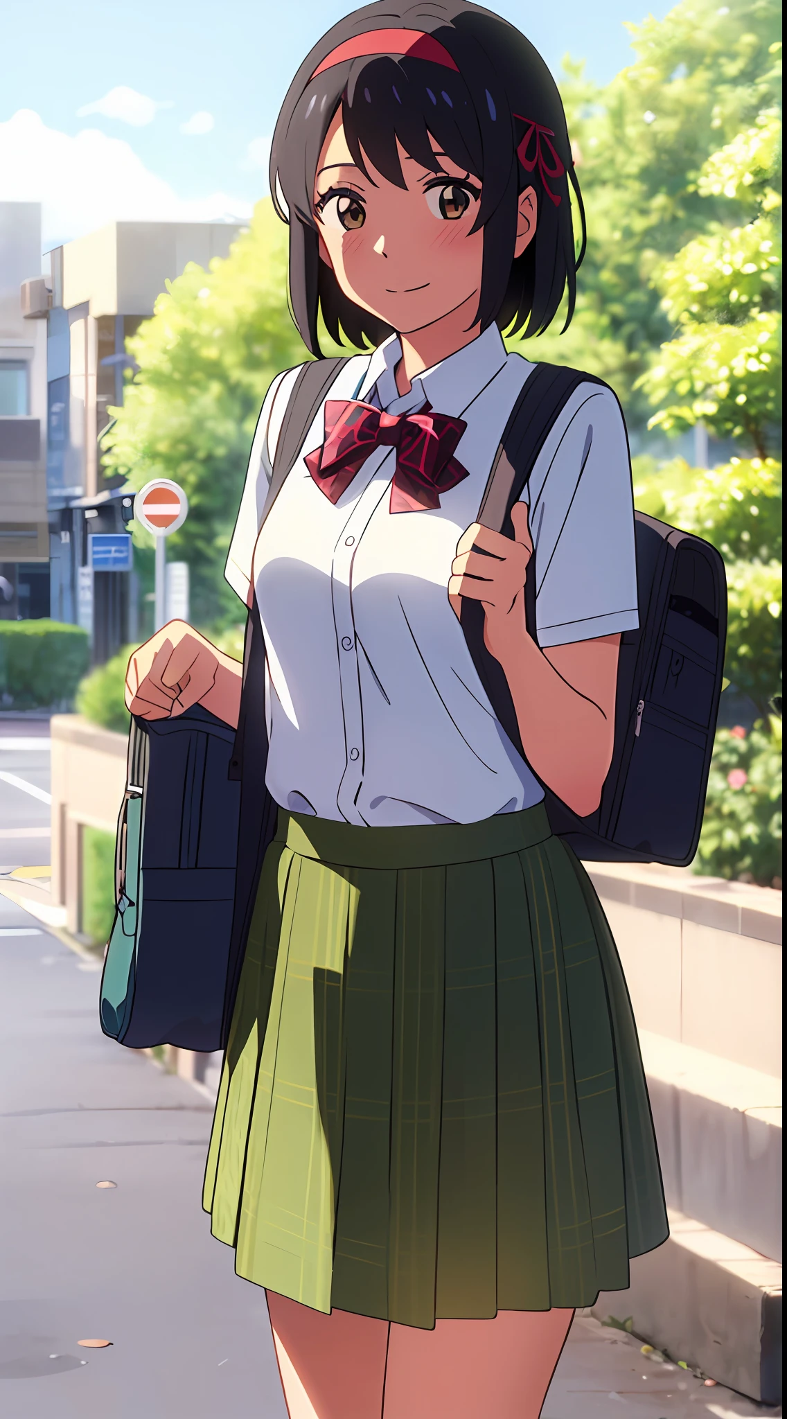 shinkai makoto, kimi no na wa., 1girl, bangs, black hair, blush, brown eyes, sky, cloud, collared shirt, looking at the viewer, outdoors, headband, red headband, ribbon, red ribbon, bow, red bow, school uniform, short hair, smile, solo, shirt, white shirt, sweater vest, brown sweater vest, vest, brown vest, skirt, plaid skirt, green skirt, green plaid skirt, short sleeves, school backpack