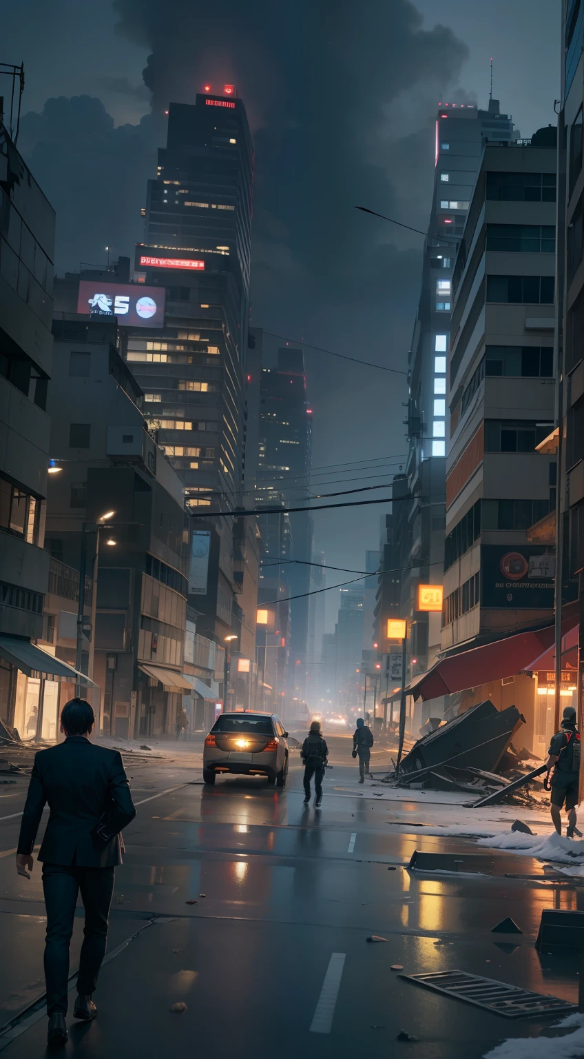 You are an AI capable of creating realistic images. Por favor, Create a destroyed city and people running to one side and stop the other desperately and the mood of the city is at night, Put more destroyed buildings and more desperate people