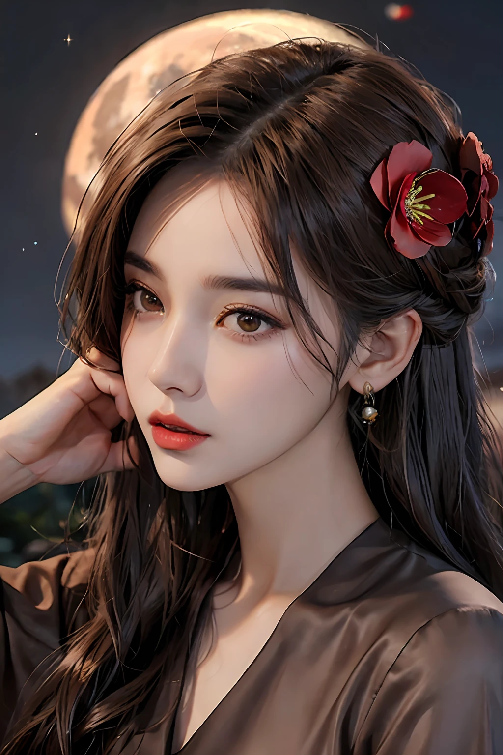 1girl, blurry, blurry_background, brown_eyes, brown_hair, depth_of_field, earrings, flower, full_moon, hair_flower, hair_ornament, lips, looking_at_viewer, moon, moonlight, night, night_sky, outdoors, red_flower, red_moon, sky, solo