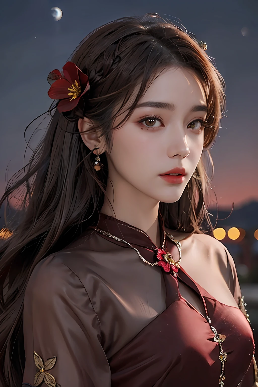 1girl, blurry, blurry_background, brown_eyes, brown_hair, depth_of_field, earrings, flower, full_moon, hair_flower, hair_ornament, lips, looking_at_viewer, moon, moonlight, night, night_sky, outdoors, red_flower, red_moon, sky, solo