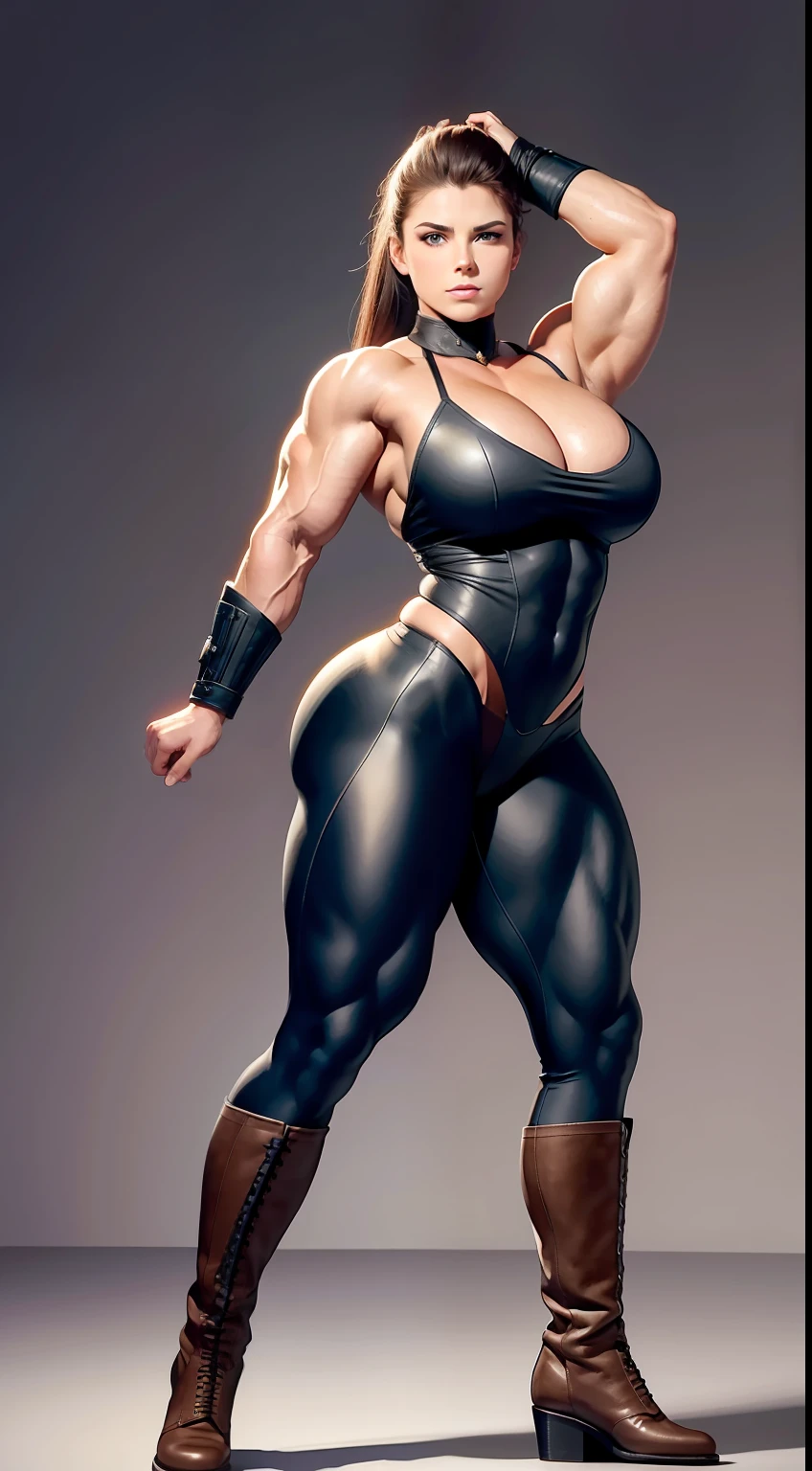 tmasterpiece,finely detailled,Burly woman,Exaggerated large muscles,Female infantryman,Special forces clothing,leather boots,Full body like,standing on your feet,You can see the feet from the head, Beautiful and charming European female face, Single female,Very fair skin,Very broad shoulders, Strong and powerful arms,Stout arms,Strong and powerful leg muscles,thick leg,looking to the camera