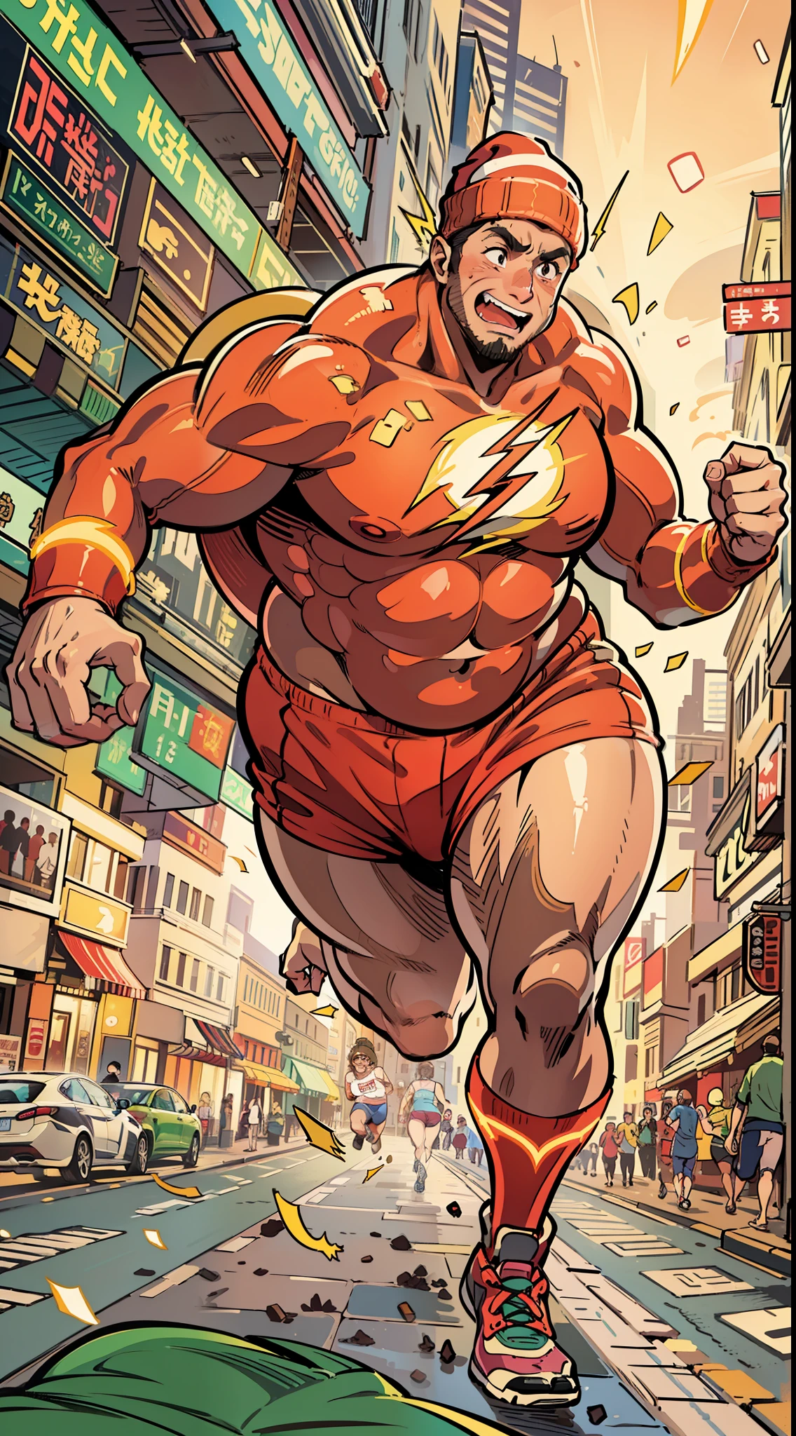 (Ultra resolution 8K), La mejor calidad posible, comic illustration of Flash with a few extra pounds running through the city at full speed, leaving behind a trail of doughnut crumbs and sweating as if he had run a marathon in a sauna! Every time you try to make a quick turn, se tambalea como un trompo pasado de peso y termina haciendo piruetas descontroladas. Even so, Still the fastest hero... Although you may need to make a stop at the plus-size clothing store before saving the day.. Es Flash!, pero con un toque de "Flash" adicional en cada paso!