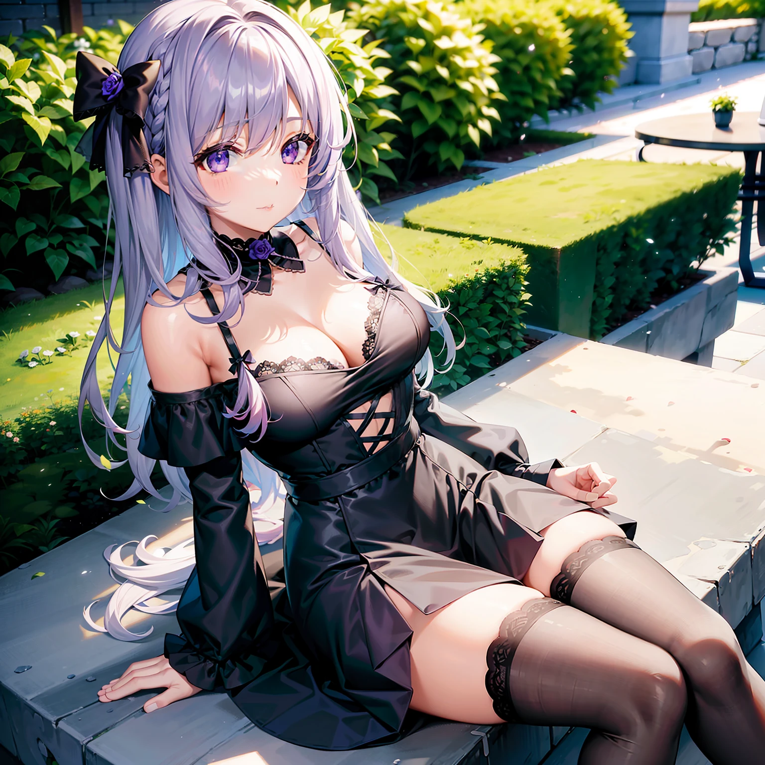 1girll，独奏，sit on chair，Inside the garden，cabelos preto e longos，Rose hair cards，Violet off-the-shoulder dress，black lence stockings