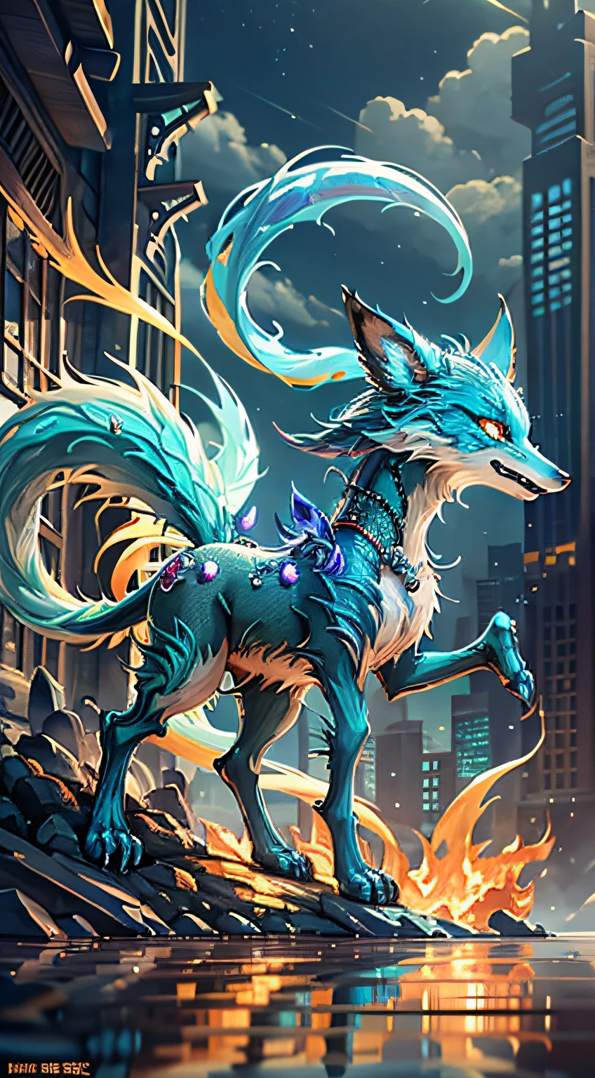 Fantastic Beasts concept art, colorful crystal glass nine-tailed fox mythical beast design with sparkling tail, ancient Chinese mythology, lady luck cloud background beast, glowing yellow eyes, epic HD CG rendering, majestic, lifelike, aqua blue like the sea, reflection, cinematic post-processing, lots of fine detail, depth of field, surrealism and cyberpunk style, octane rendering, fantasy engineering 32K,