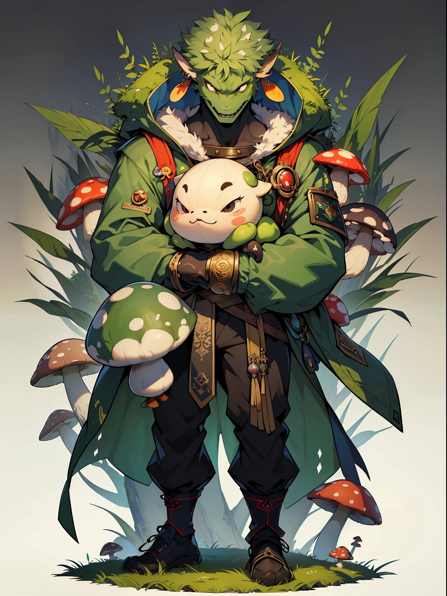 ((top-quality))、((tmasterpiece))、((Full body photo of a man))、((very simple background))、(Game character design)、Mushroom anthropomorphic monsters、(Moss and mushrooms merge with the body,)、Cartoony、Beastman、Ornaments with mushroom motifs、cyber punk perssonage、Olette、独奏、Fighting posture