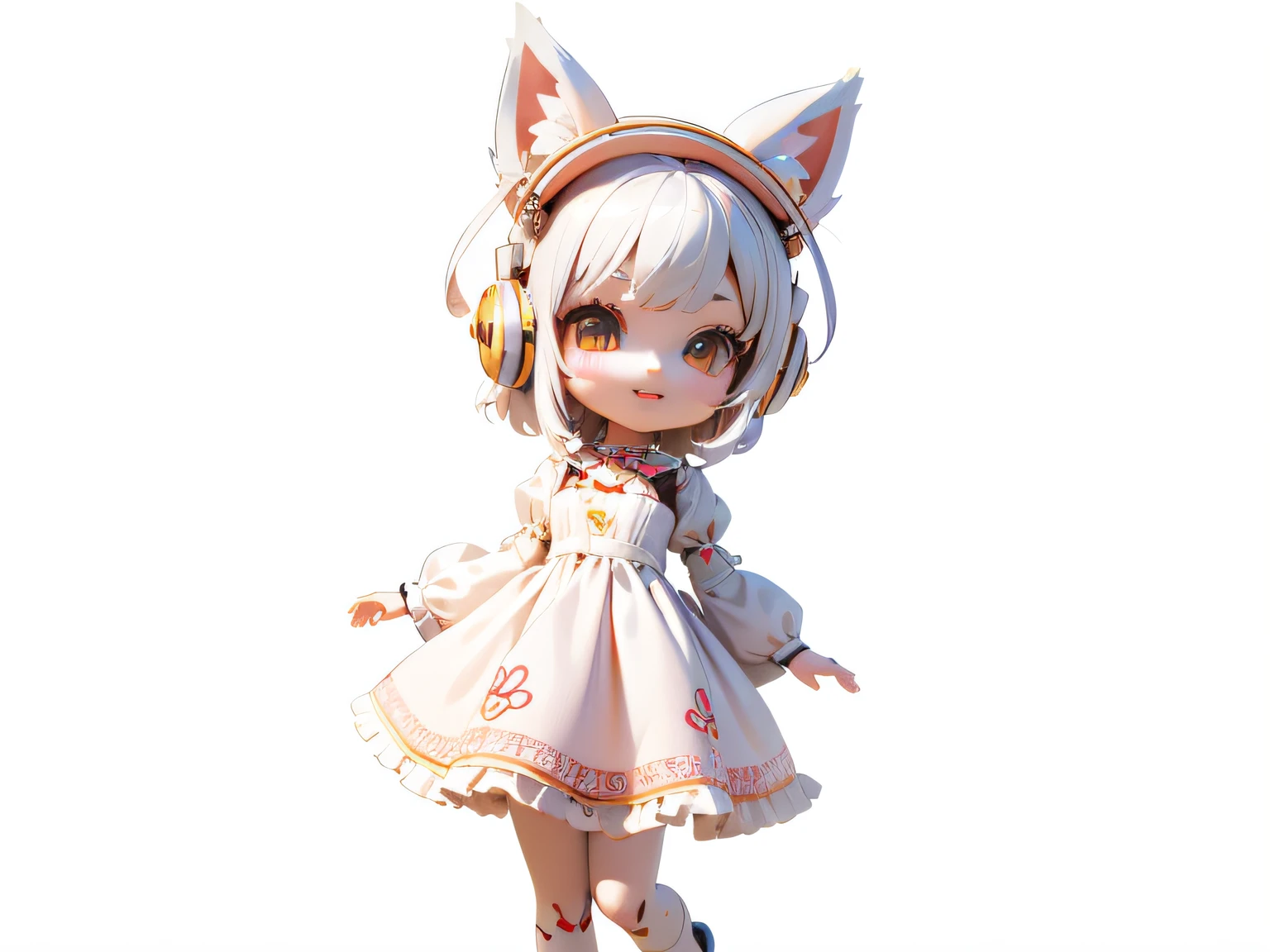 Anime - style doll with headphones and ears，is wearing  dress, render of a cute 3d anime girl, White Cat Girl, White ( cat ) Girl, anime girl with cat ears, cute anime catgirl, Loli, Stylized anime, Girl with cat ears, very beautiful cute catgirl, small li girl, anime catgirl, female furry mini cute style