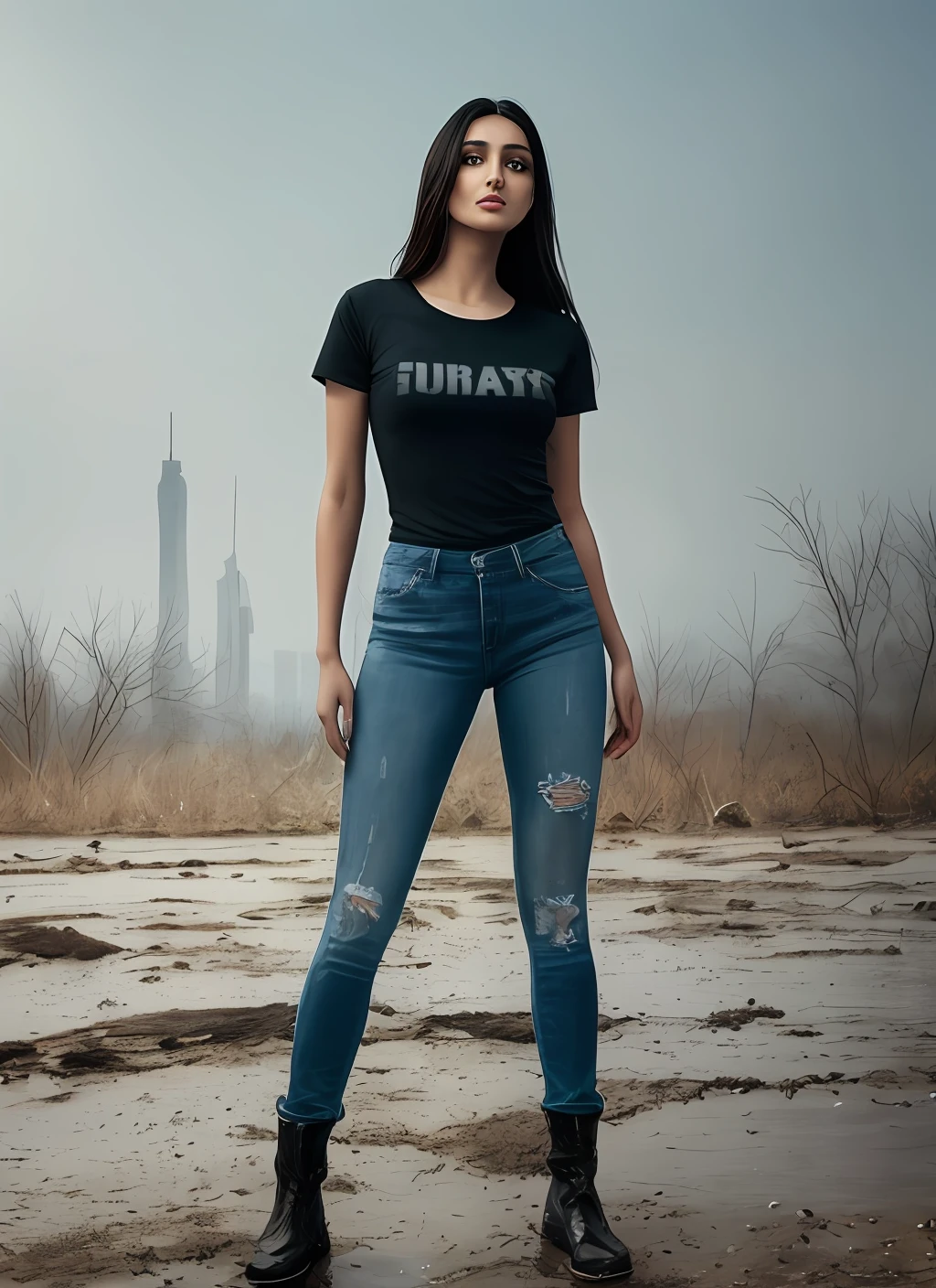 realistic photo (modelshoot style), (detailed face), ((woman 28 year's old beautiful Arab woman, middle eastern women, waifu in a cramped rusty )), sunset, oily, sweaty, dirty, ripped jeans, torn skinny jeans, whitened skin, toned body, very detailed face features, very detailed black eyes, dark sunglasses, double eyelid, post-apocalyptic,  natural skin texture, 24mm, 4k textures, soft cinematic light, adobe lightroom, photolab, hdr, (full shot body:1.4) photo of android woman, soviet union, 70s, retrofuturism, masterpiece, (photorealistic:1.4), best quality, ((old torn black round neck plain Tee-shirt, torn jeans, dirty clothes,)) beautiful lighting, ((old torn clothes, dirty))lying beaten on the ground, rain, mud, puddles, braided hairstyle, ray tracing, space background, ( very detailed background, detailed complex busy background : 1.4 ), sharp focus, volumetric fog, 8k uhd, dslr, high quality, film grain, ((depressive mood)), photorealism, lomography , at ( A sprawling soviet metropolis in a future dystopia ), view from below , translucency , (HDR:1.2), Mar, basic tee-shirt full length, in different action, standing, walking style, middle eastern 28 years old Persian beautiful women, black medium wavy hairstyle, model style shooting, cinematic, fashion model style, open legs standing, apocalypse environment, dirty clothes, round neck dirty white Teeshirt, full body length tee-shirt, Damage torn jeans, short ankle boots, dusty,