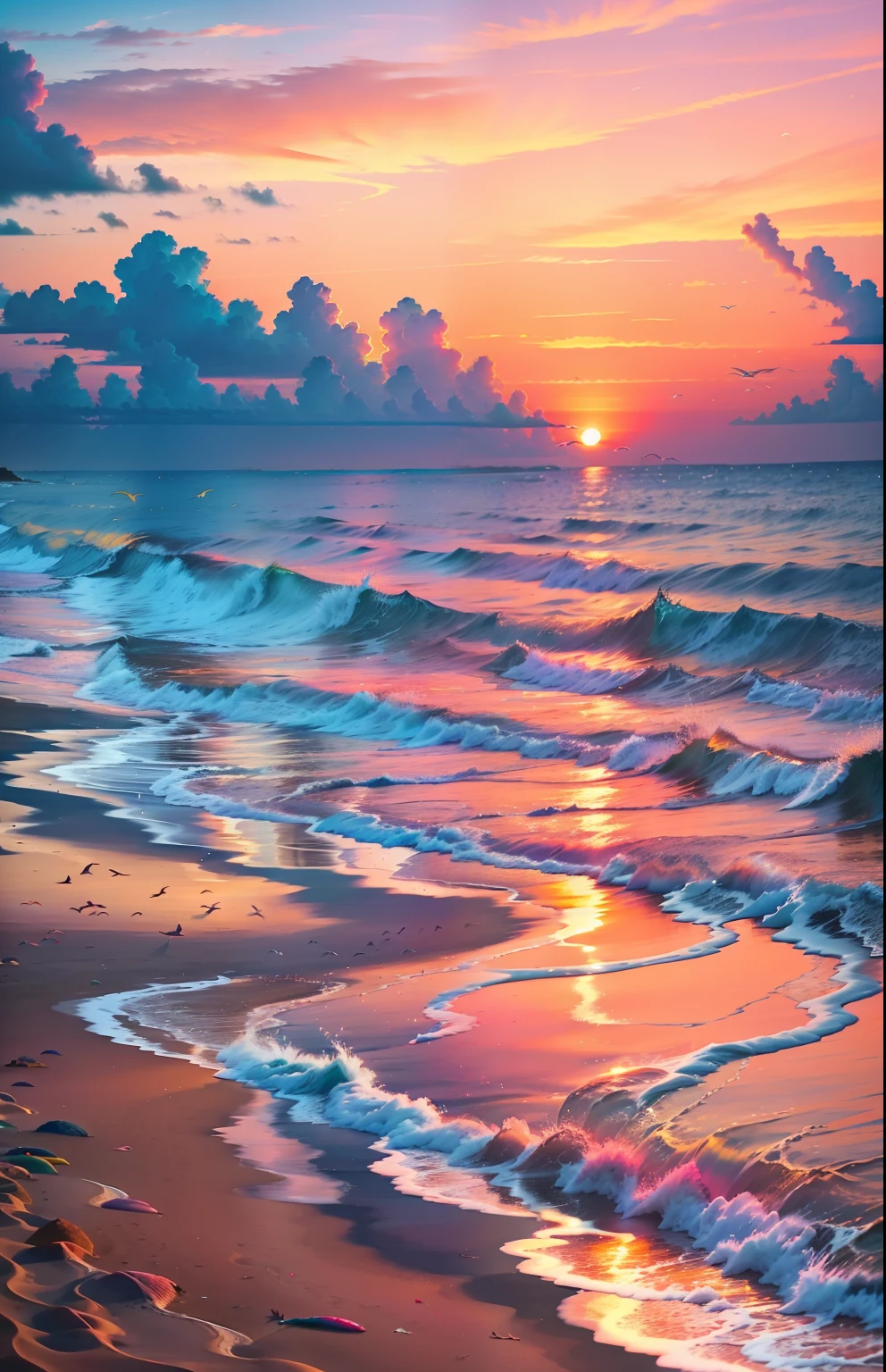 An absolutely mesmerizing sunset on the beach, with a mix of orange, pink, and yellow in the sky. The water is crystal clear, gently kisses the coast, and the white sand is endless. The scene is dynamic and breathtaking, with seagulls soaring high in the sky and palm trees swaying softly. Immerse yourself in the calm atmosphere and let the serenity surround you.
