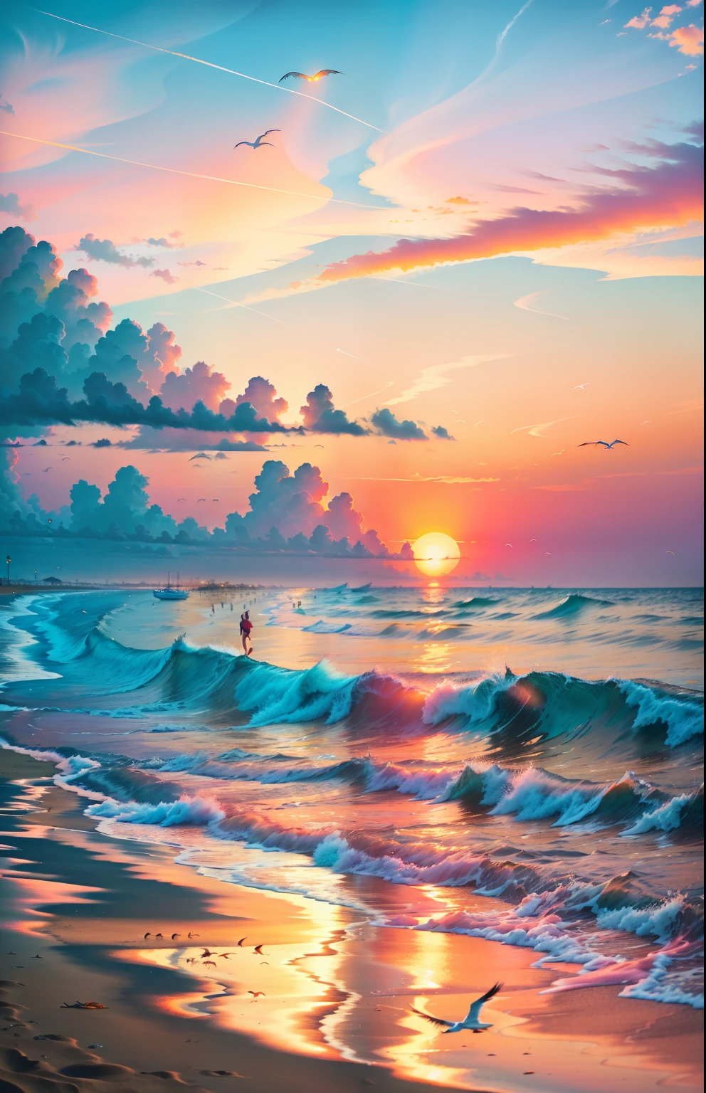 An absolutely mesmerizing sunset on the beach, with a mix of orange, pink, and yellow in the sky. The water is crystal clear, gently kisses the coast, and the white sand is endless. The scene is dynamic and breathtaking, with seagulls soaring high in the sky and palm trees swaying softly. Immerse yourself in the calm atmosphere and let the serenity surround you.