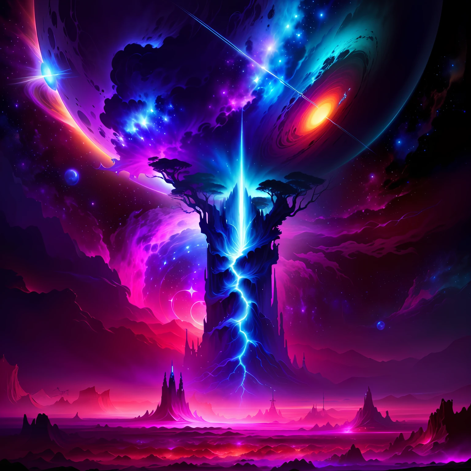 image of a tree in the middle of a vast space, epic fantasy sci fi illustration, fractal thunder dan mumford, sci-fi fantasy wallpaper, epic dreamlike fantasy landscape, epic scifi fantasy art, 8k arte impressionante, fantasy space, Arte digital altamente detalhada em 4k, Epic Fantasy Digital Art Style, paisagem de fantasia impressionante, arte digital de fantasia detalhada, Planetas espaciais, fundo roxo e azul, portrait of a cosmic entity, strange portrait with galaxy, no plano astral ) ), astral appearance, galactic dmt entity, aura de nebulosa em torno do assunto, aura negra brilhante, cosmic entity, Galactic Entity, galactic deity, cosmic horror entity, quality astral projection rendering, Portrait of a cosmic god, astral ethereal, Fractal Thunder Dan Mumford no topo, arte conceitual 8k, 8k arte impressionante, epic scifi fantasy art, Epic Fantasy Digital Art Style, Arte de fantasia 8k, arte conceitual 8 k, corpo astral, Chaotic atmosphere