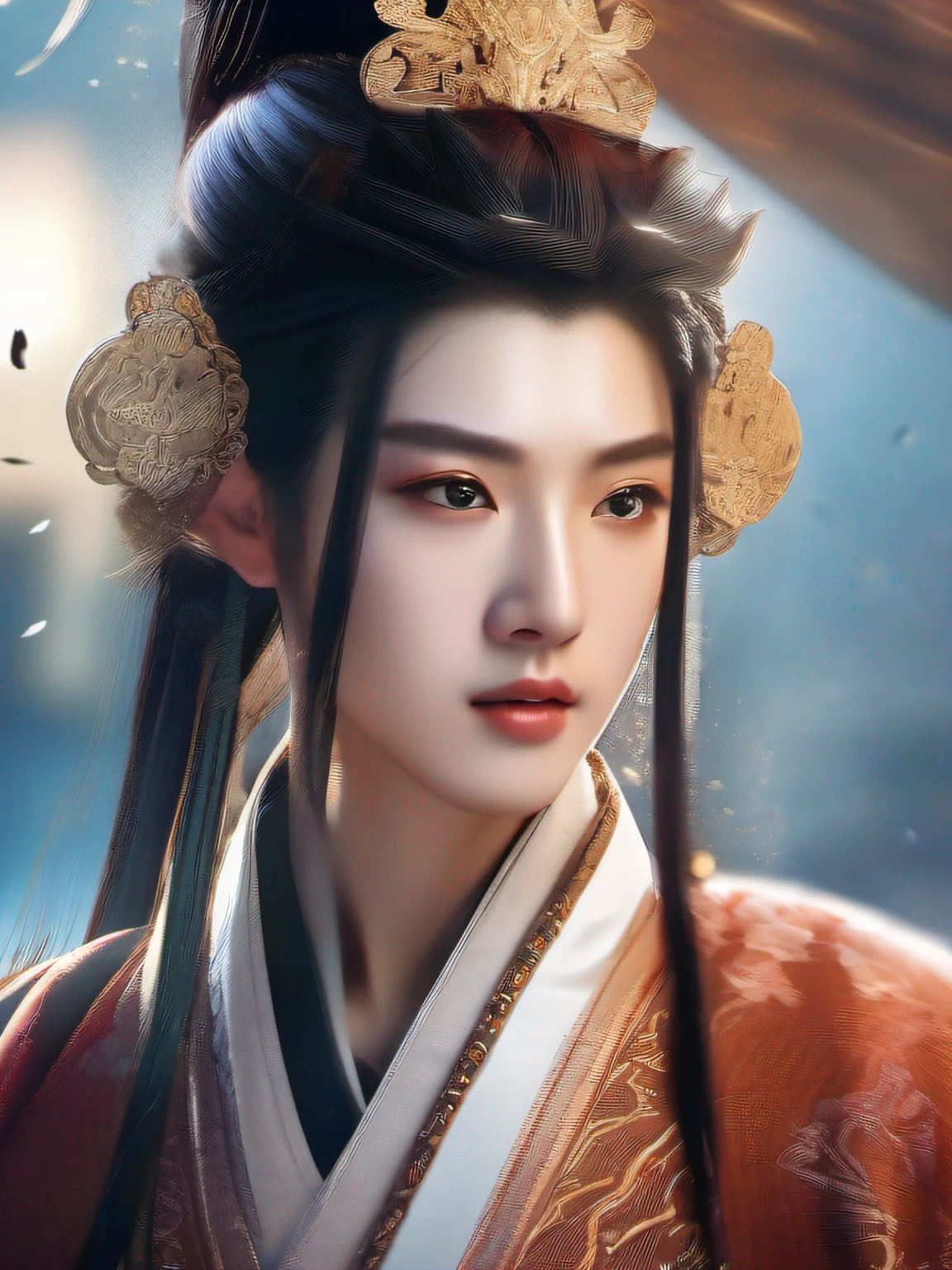Youth of the Qin Dynasty, Delicate facial features, Symmetrical body, Hold a Blue Blade sword in your hand,The sword qi is rampant,The body is surrounded by blue light, Splashes,The air surges,Ambilight, Ultra-wide angle, Cinema lenses,Dynamic movements, Expressive, Chiaroscuro, smoke explosion,Depth of field 1.5,Character Spotlight,Extreme close-up,illustration ,Drawn by Zao Wou-Ki