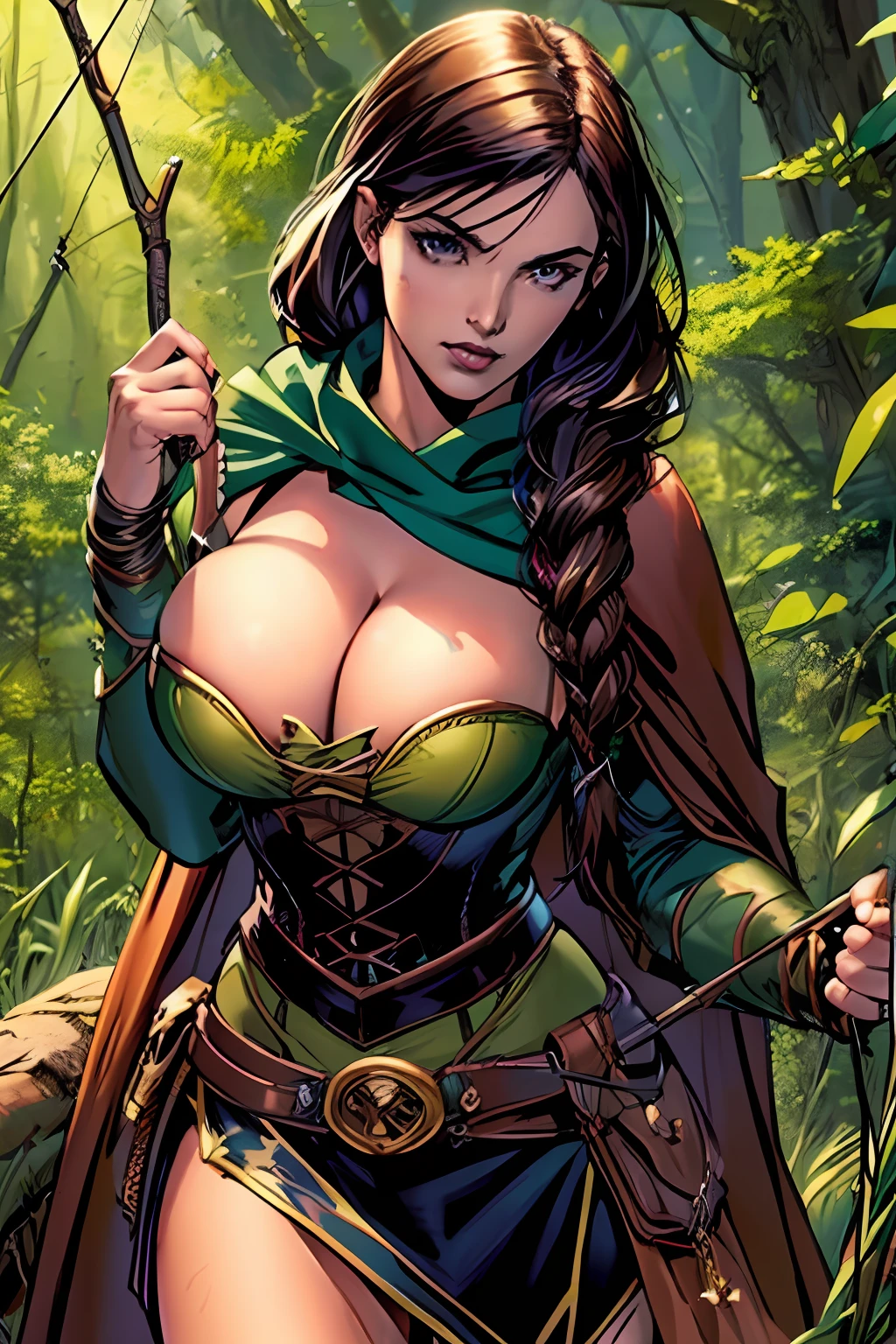 (masterpiece, top quality, best quality, official art, beautiful and aesthetic:1.2), (1girl:1.3), dark brown hair in a single braid, extremely detailed, portrait, looking at viewer, solo, (full body:0.6), detailed background, close up, cat eyes, (warm summer forest theme:1.1), elf ranger, charlatan, smirk, mysterious, walking in forest, revealing ranger attire, brown leather, cowl, cloak, corset, long boots, buckles, straps, pouches, bow and arrow, green fabric, brown leather, gigantic breasts, slim waist, slim hips, long legs, medieval (forest exterior:1.1) background, dark mysterious lighting, shadows, magical atmosphere, dutch angle